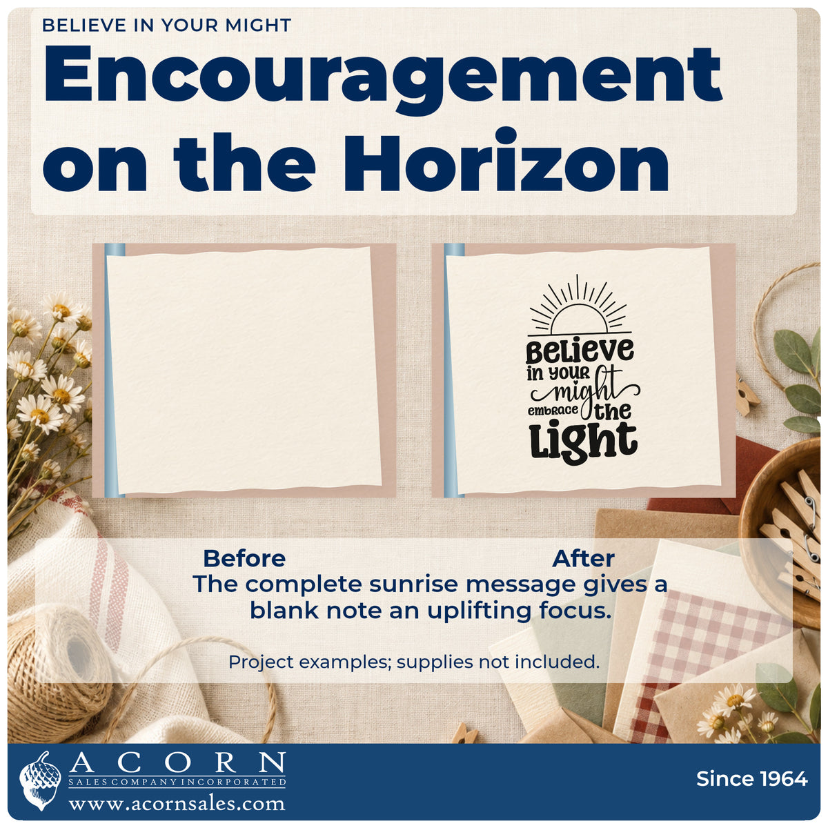 Before and after of a plain item finished with the Believe In Your Might Sunrise Slim Pre-Inked Stamp, a quick upgrade for framed keeper room.