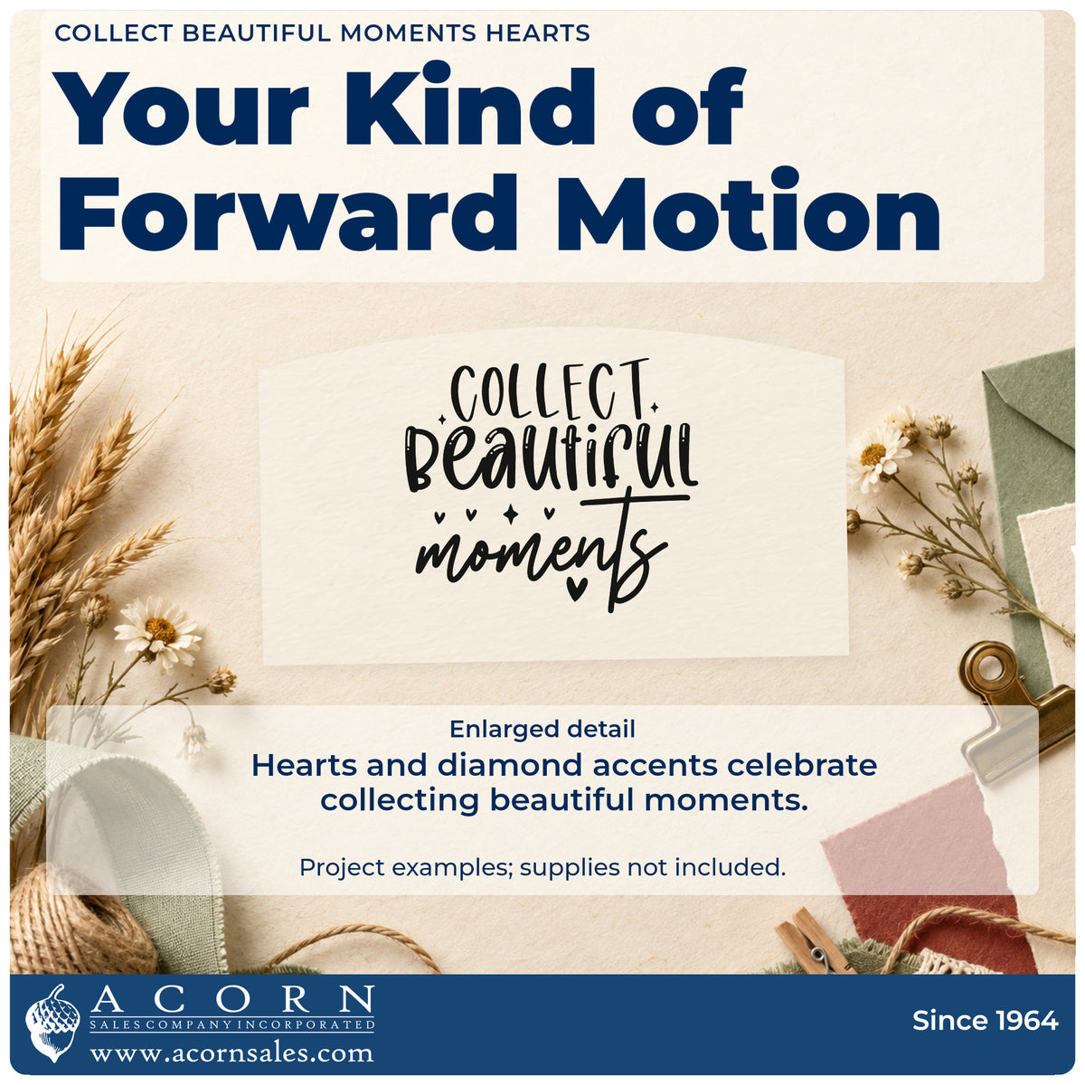 Enlarged detail of the Collect Beautiful Moments Hearts Premium Wooden Stamp – Vintage Pro imprint. COLLECT Beautiful moments appears in mixed lettering with tiny hearts and diamond accents.