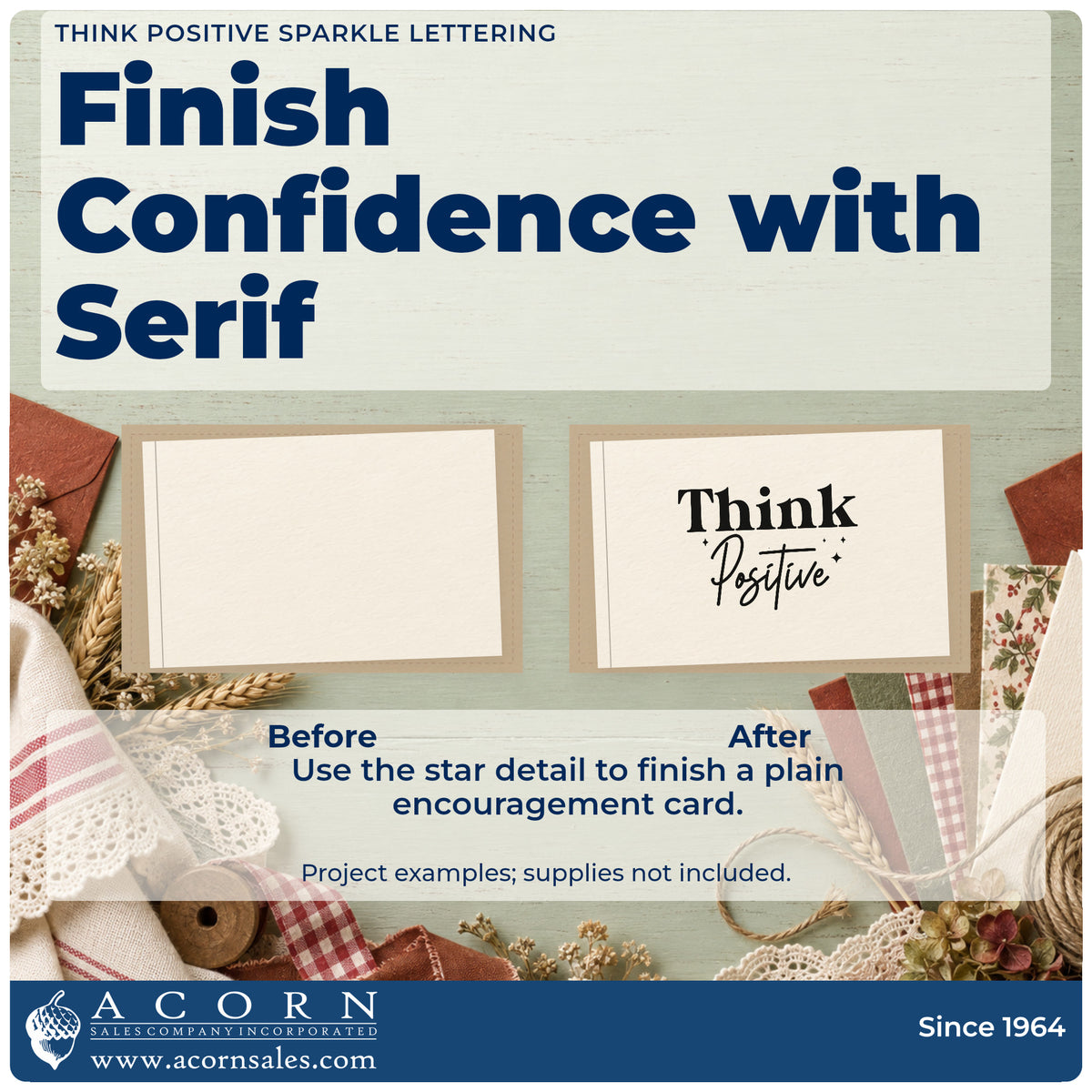 Before and after of a plain item finished with the Think Positive Sparkle Word Art Stamp – Slim Pre-Inked, a quick upgrade for framed reception wall.