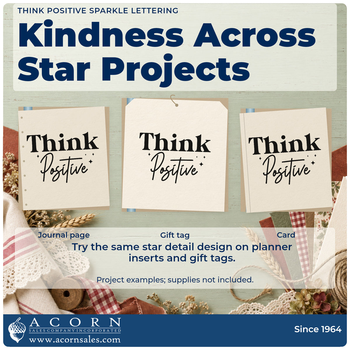 Three project examples made with the Think Positive Sparkle Word Art Rubber Stamp – Wood Handle, including appointment day sheet.