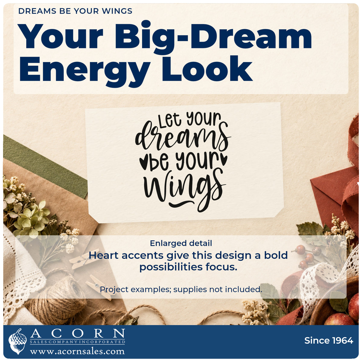 Enlarged detail of the Dreams Be Your Wings Rubber Stamp – Duo Hand imprint. Let your dreams be your wings appears in flowing lettering with hearts.