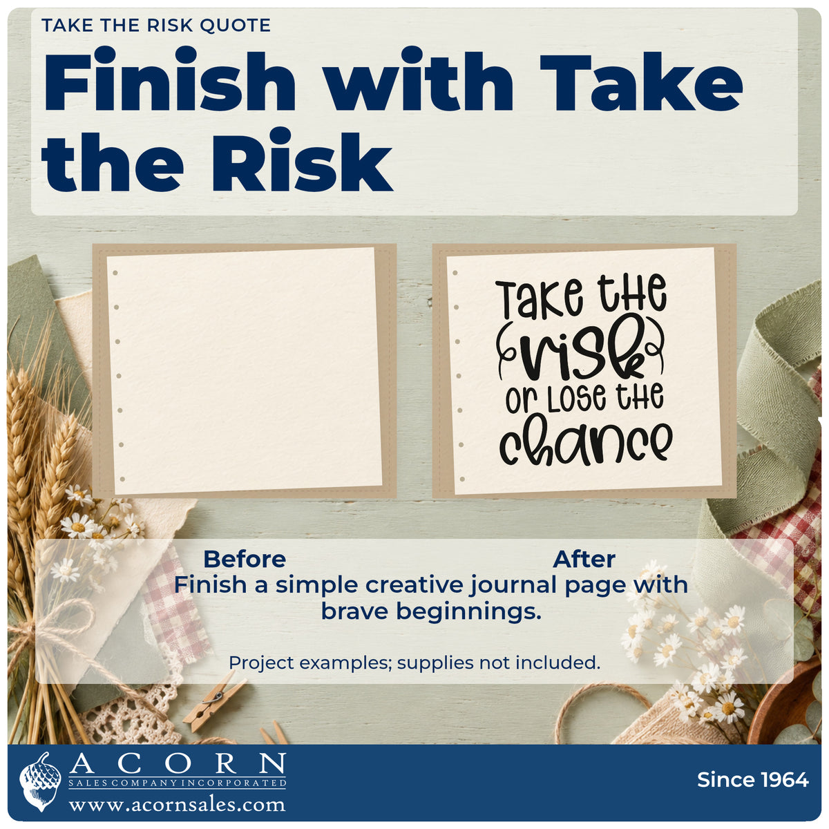 Before and after of a plain item finished with the Take The Risk Quote PSI Pre-Inked Stamp, a quick upgrade for framed writing corner.