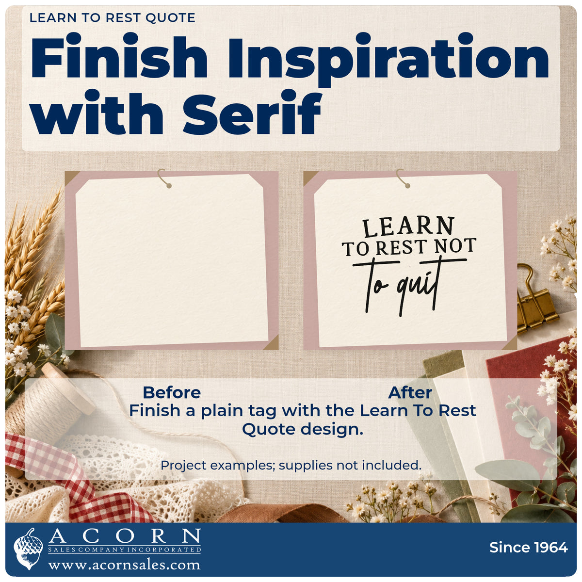 Before and after of a plain item finished with the Learn To Rest Quote Rubber Stamp – Duo Hand, a quick upgrade for framed bedroom corner.