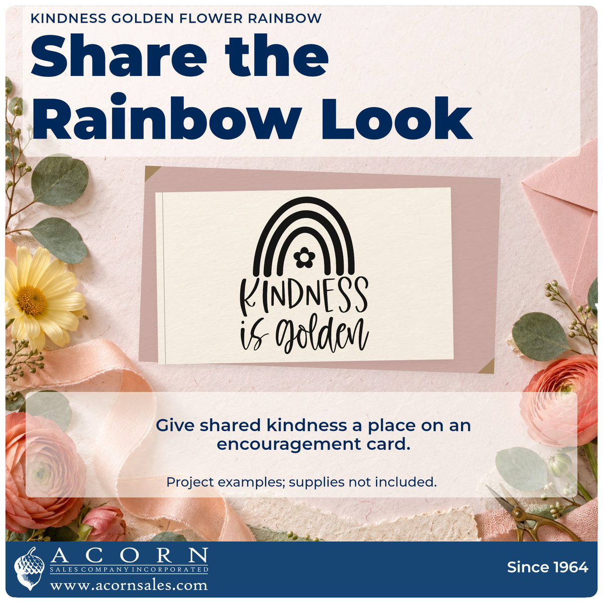 A finished handmade project stamped with the Kindness Golden Flower Rainbow PSI Pre-Inked Stamp, ideal for playground album page.