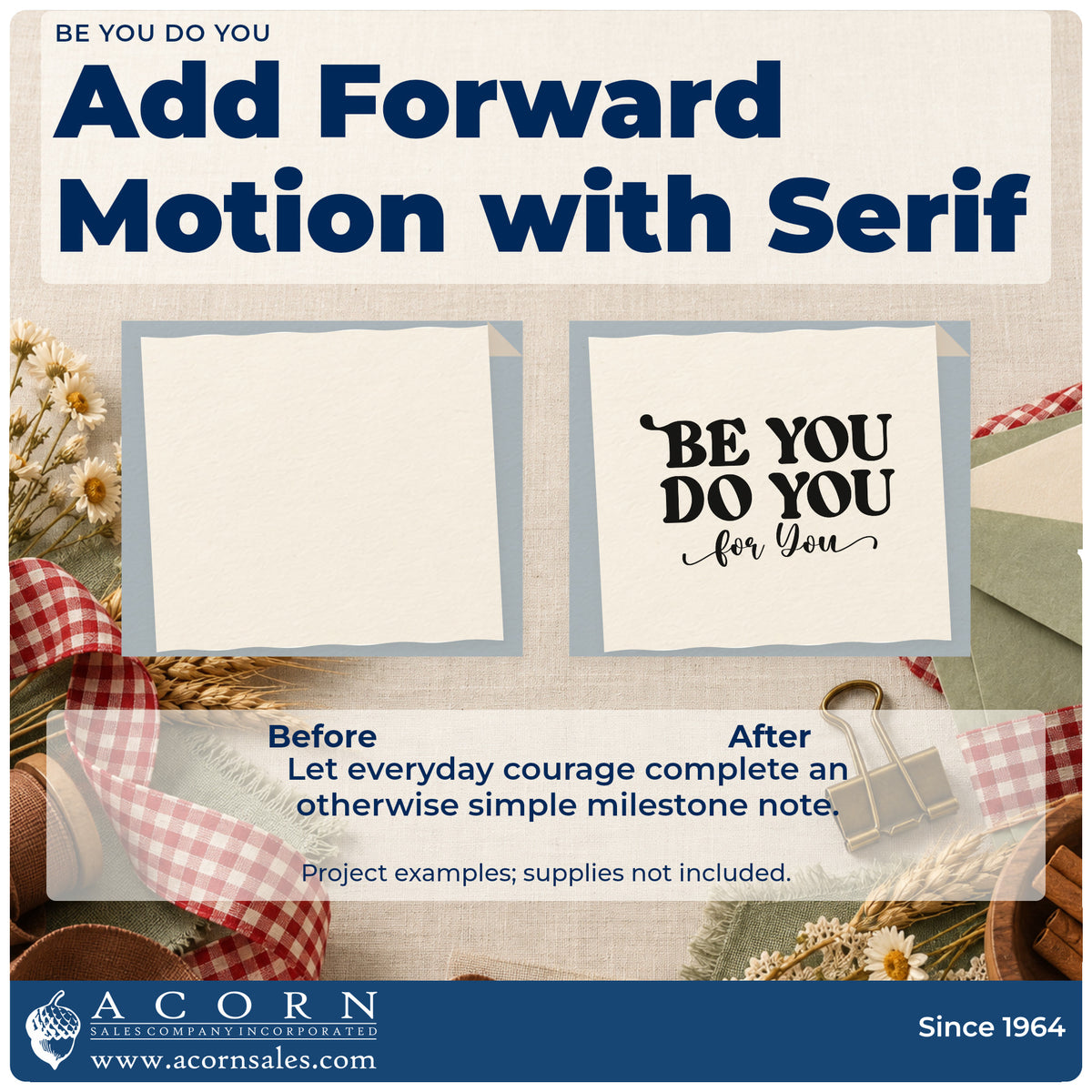 Before and after of a plain item finished with the Be You Do You Serif Lettering Craft Stamp – Self-Inking, a quick upgrade for framed studio wall.