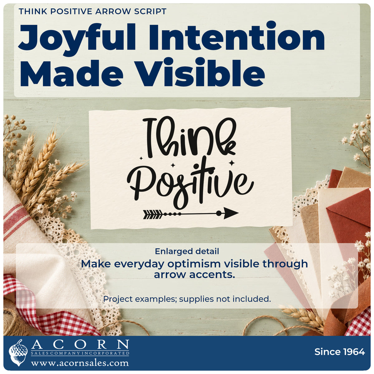 Enlarged detail of the Think Positive Arrow Script Slim Pre-Inked Stamp imprint. Think Positive appears above a long arrow with small sparkles.