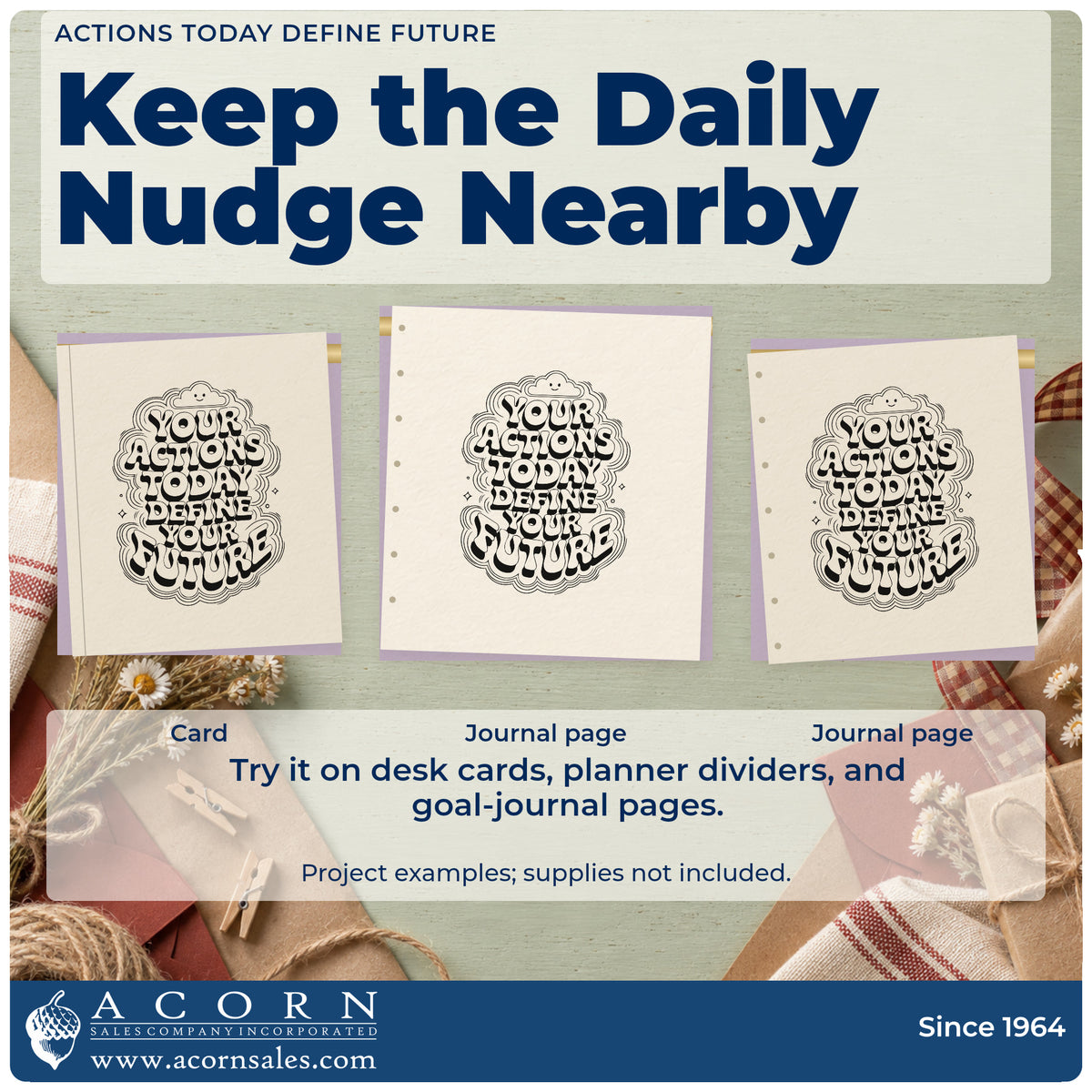 Three project examples made with the Actions Today Define Future Slim Pre-Inked Stamp, including session plan sheet.