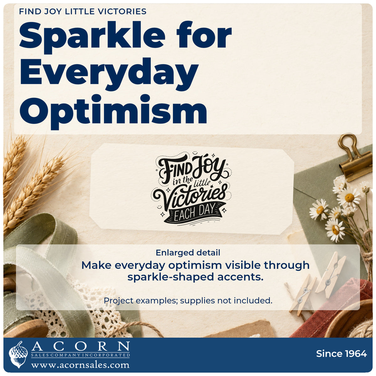 Enlarged detail of the Find Joy In The Little Victories Each Day Craft Stamp – Self-Inking imprint. Find Joy in the Little Victories EACH DAY appears in decorative lettering with dots and sparkles.