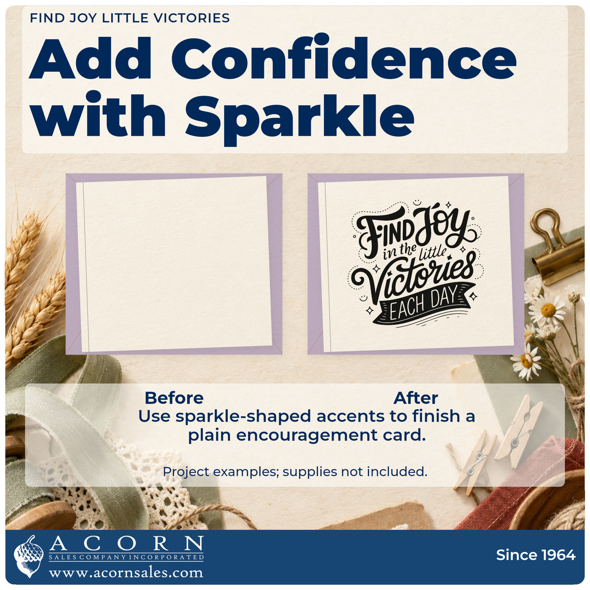 Before and after of a plain item finished with the Find Joy In The Little Victories Each Day Premium Wooden Stamp – Vintage Pro, a quick upgrade for framed class room.
