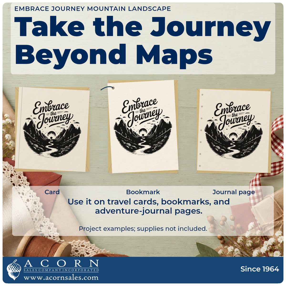Three project examples made with the PSI Pre-Inked Embrace Journey Mountain Landscape Tree Motif Stamp, including park visit sheet.