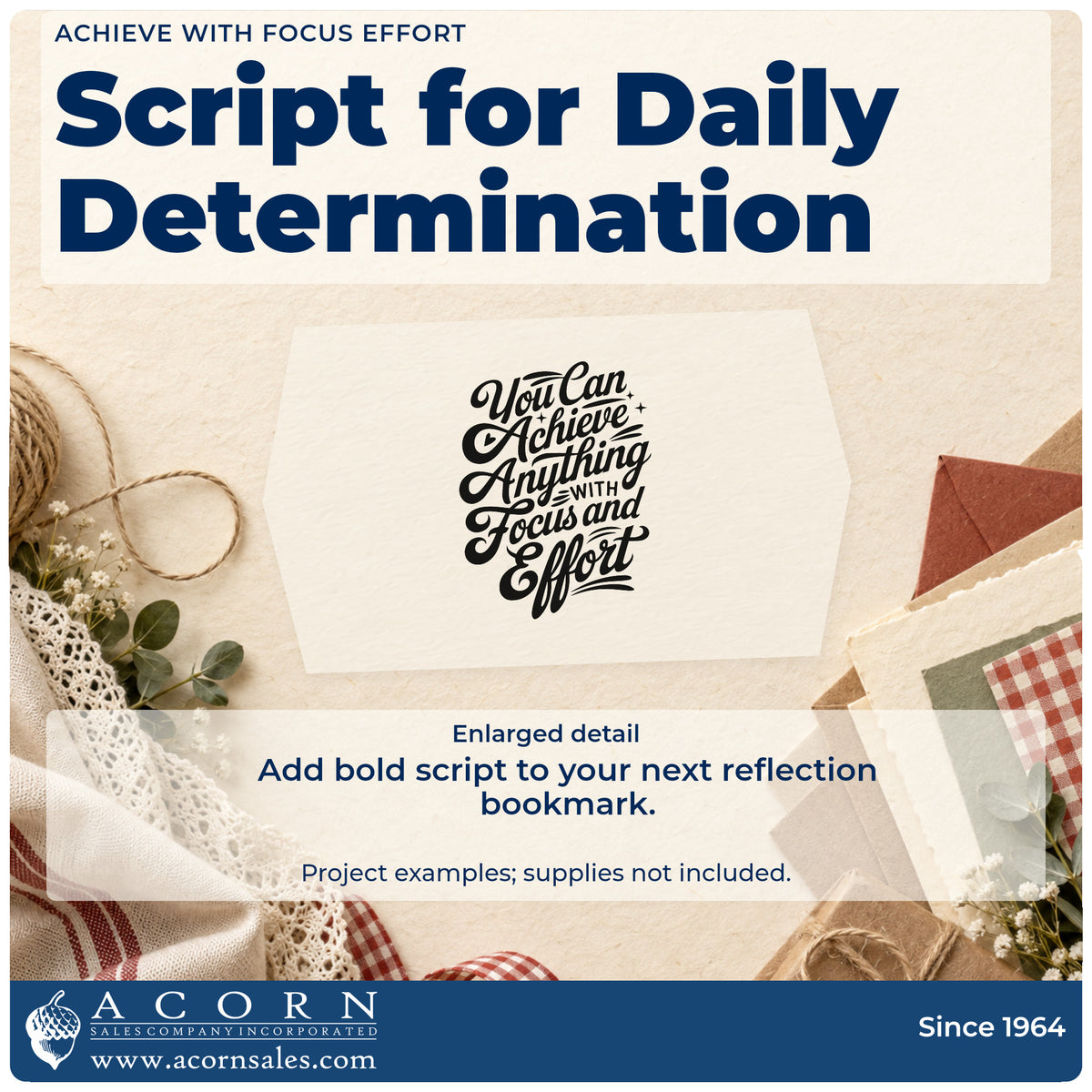 Enlarged detail of the Wood Handle You Can Achieve Anything With Focus And Effort Rubber Stamp imprint. You Can Achieve Anything WITH Focus and Effort appears in bold flowing script.