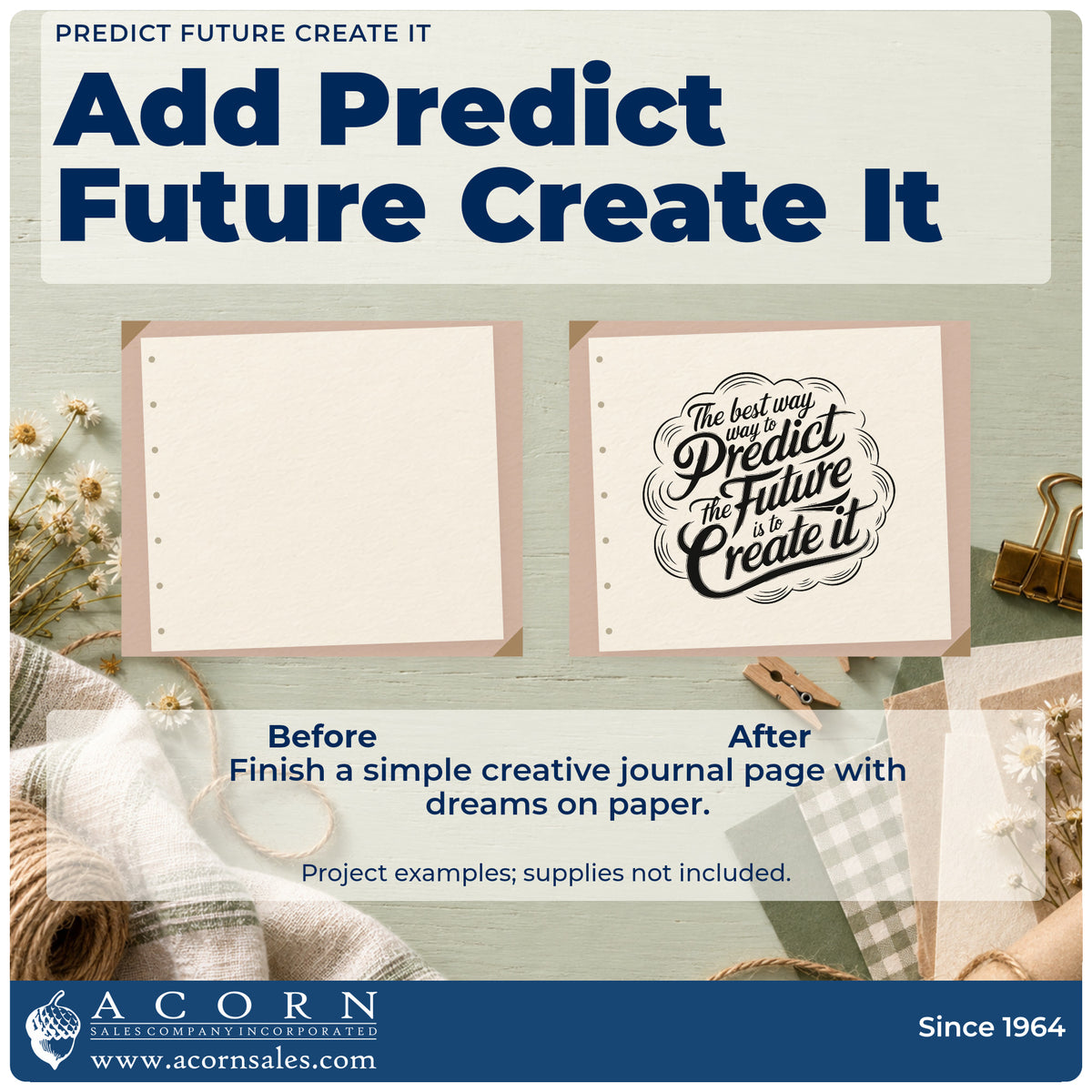 Before and after of a plain item finished with the Predict Future Create It Outline Detail Duo Hand Stamp, a quick upgrade for framed news room.