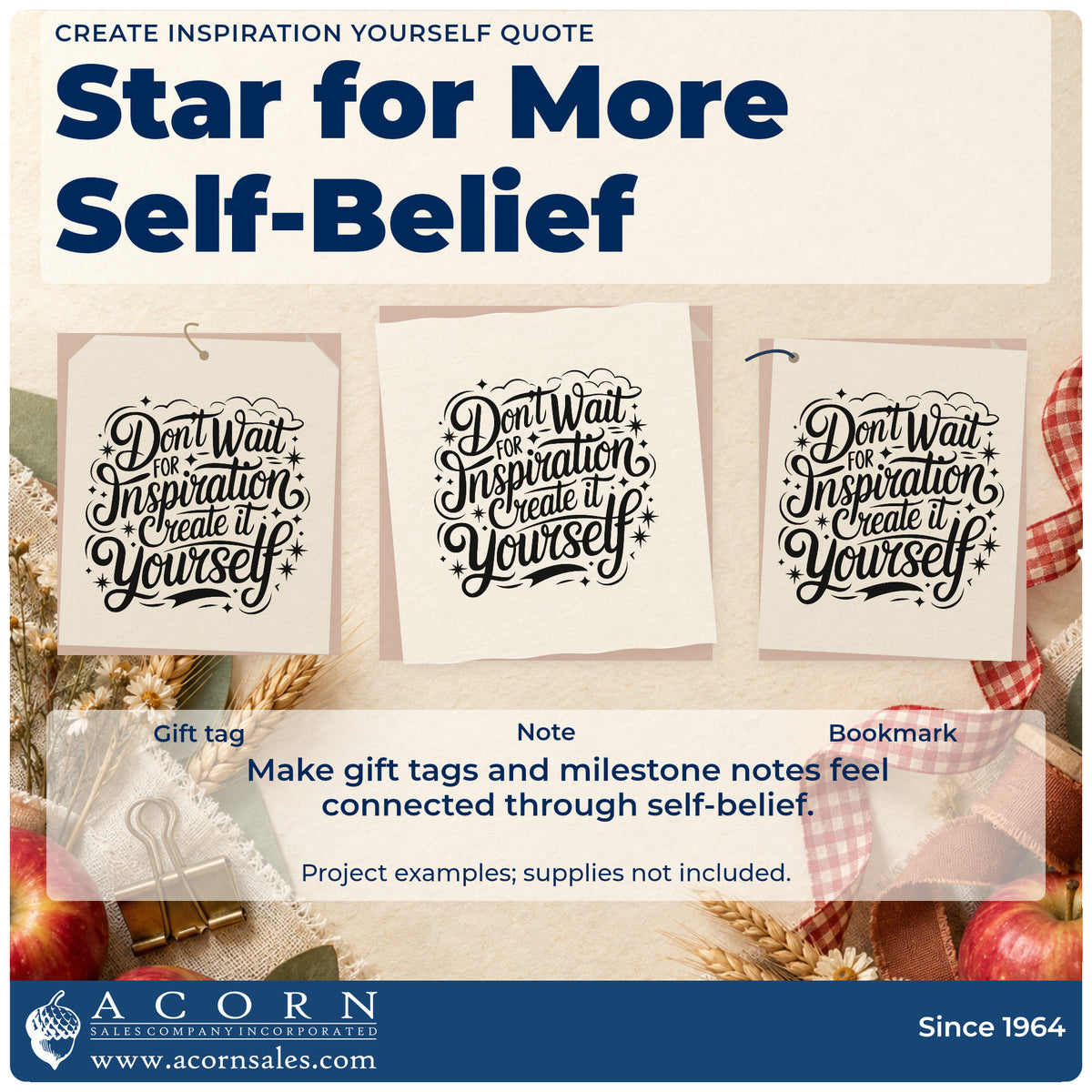 Three project examples made with the Slim Pre-Inked Create Inspiration Yourself Quote Stamp, including song draft sheet.