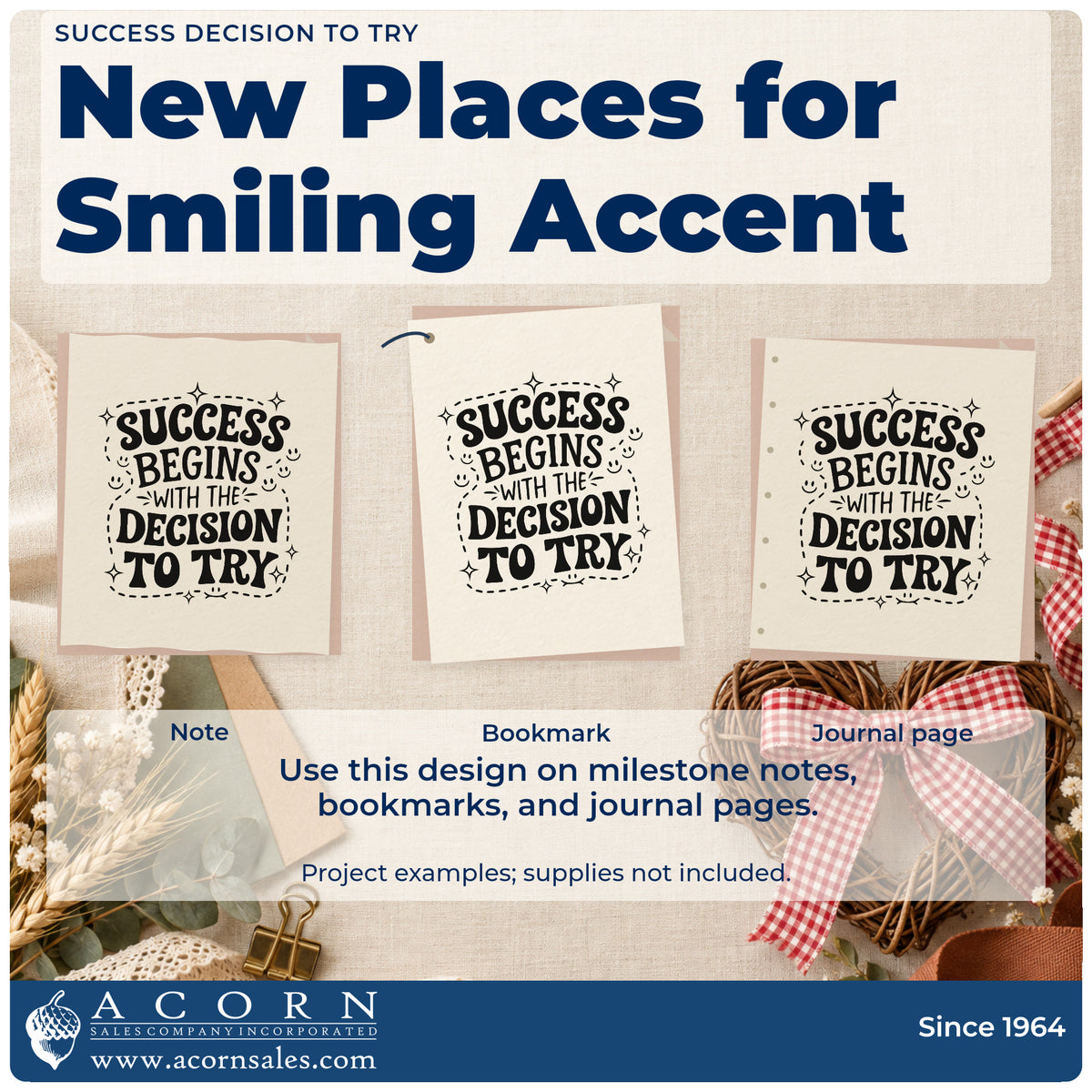 Three project examples made with the Success Begins With The Decision To Try Pre-Inked Stamp – Slim, including session plan sheet.