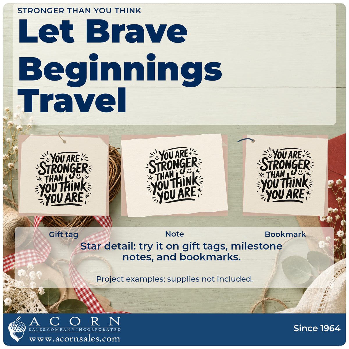 Three project examples made with the Stronger Than You Think With Stars Slim Pre-Inked Stamp, including cord count sheet.