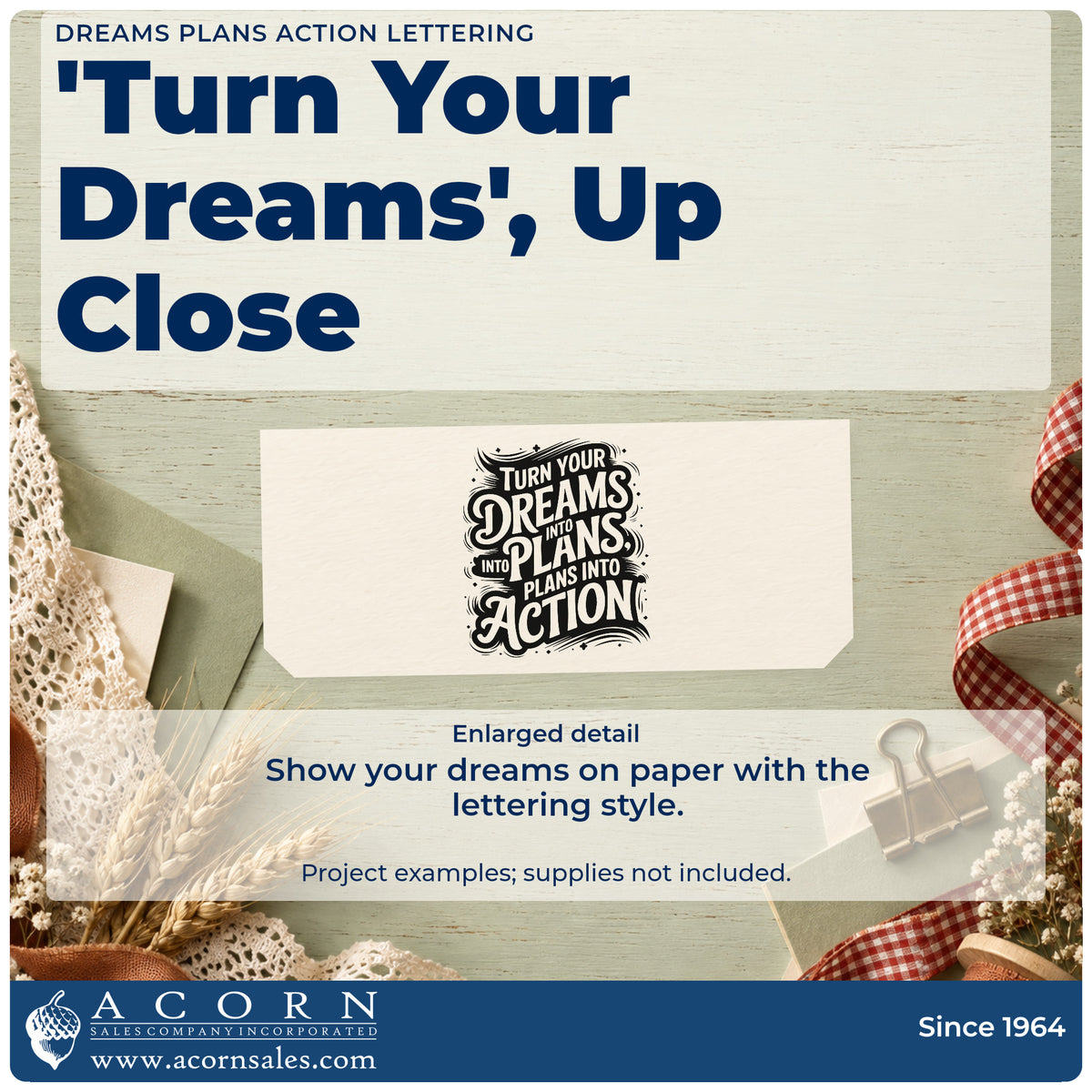 Enlarged detail of the Dreams Plans Action Ornate Lettering Hand Stamp – Duo imprint. Ornate lettering shows "Turn your dreams" above "Plans" and "Action," with repeated "Into" and "Plans" text.