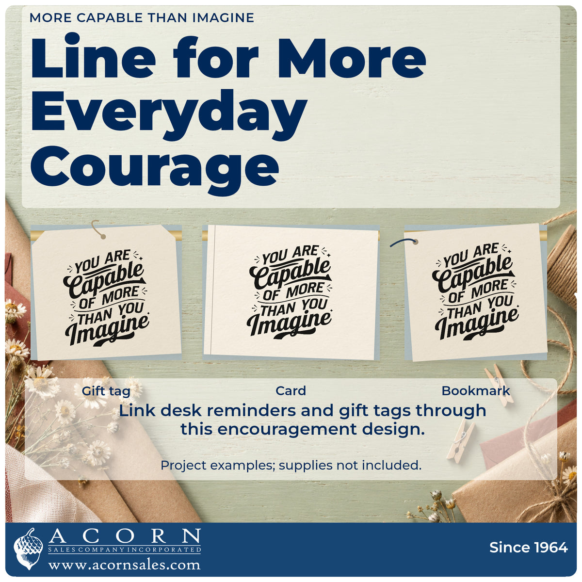 Three project examples made with the More Capable Than Imagine Self-Inking Stamp, including skill signoff sheet.