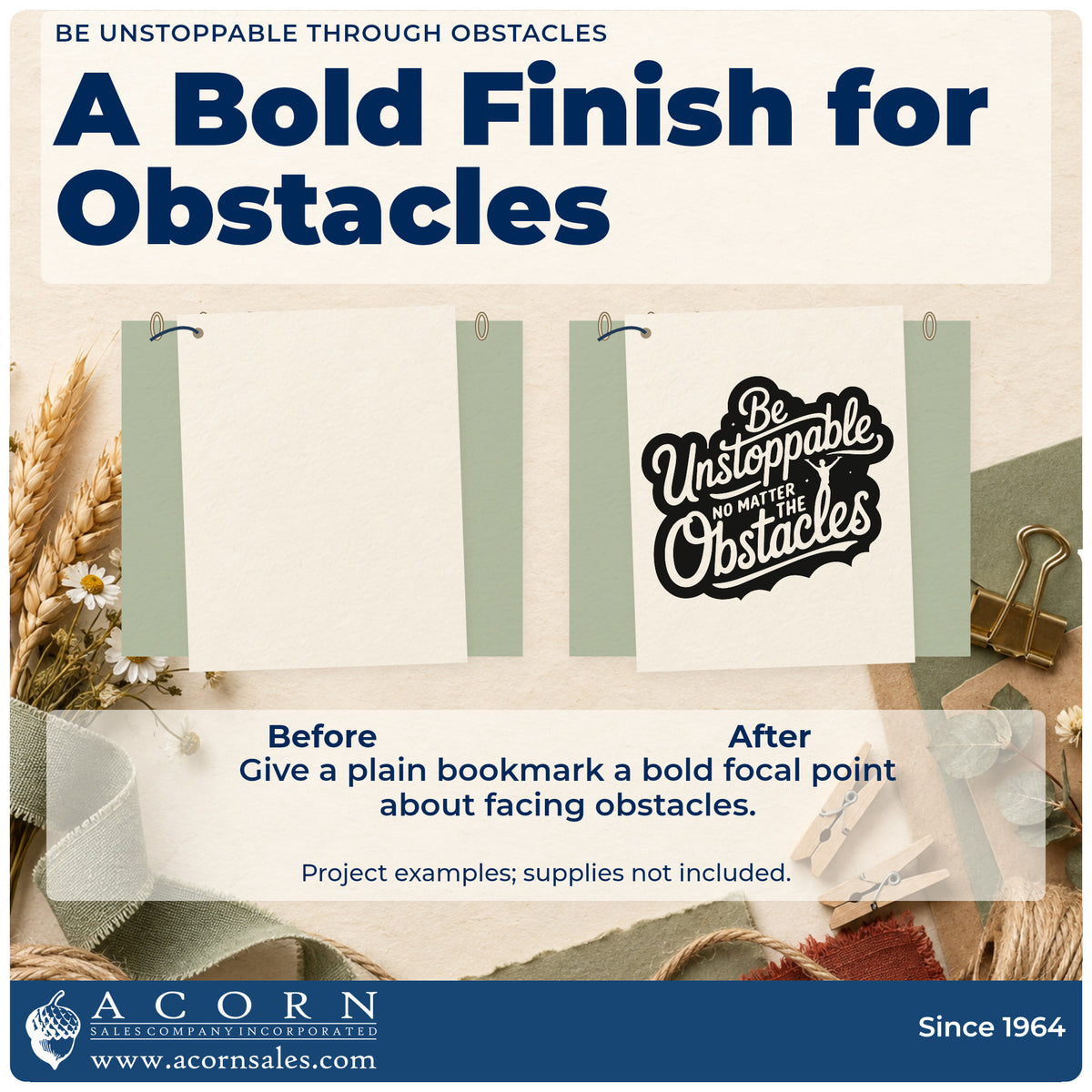 Before and after of a plain item finished with the Be Unstoppable Through Obstacles Lettering Duo Hand Stamp, a quick upgrade for framed course board.