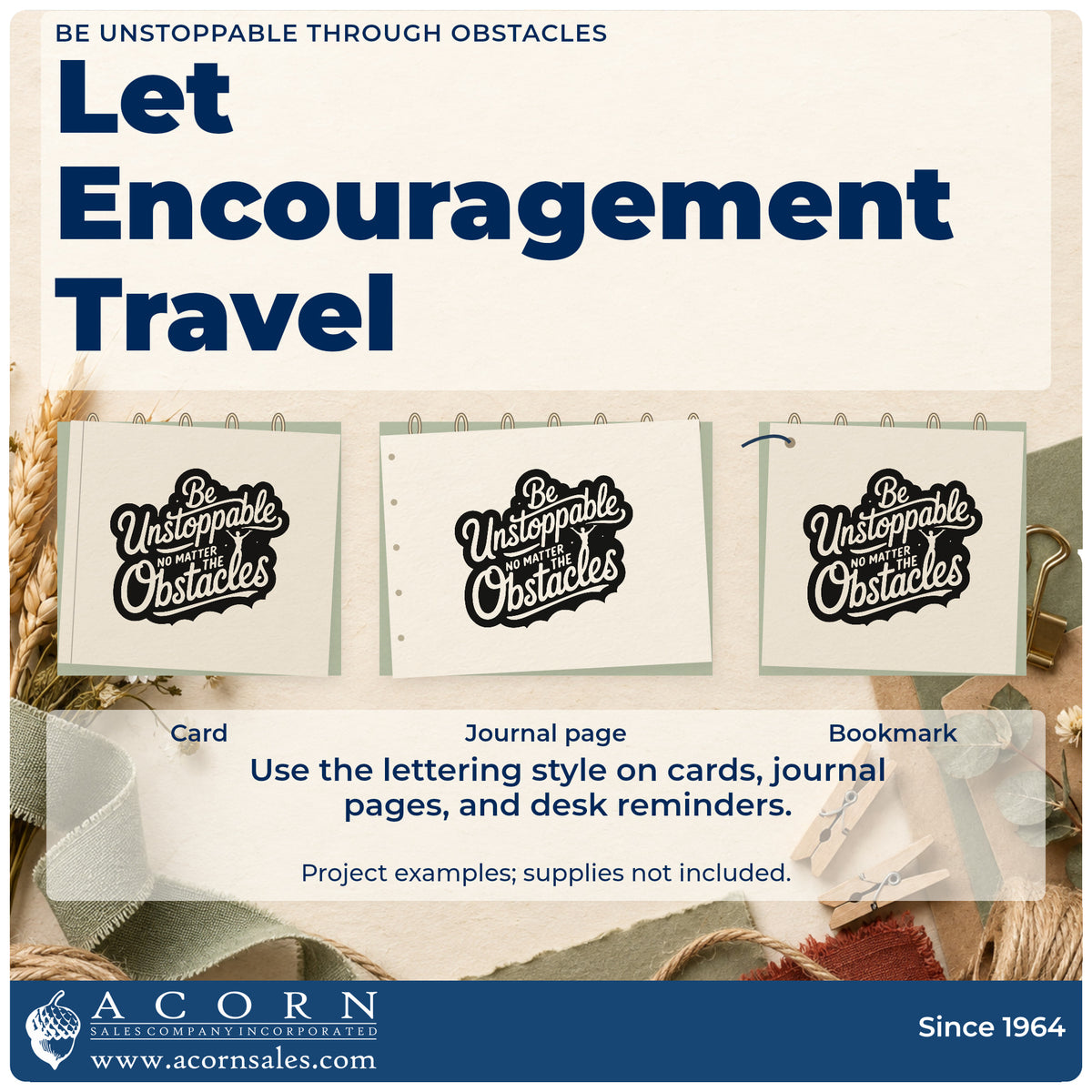 Three project examples made with the Be Unstoppable Through Obstacles Lettering Stamp – Self-Inking, including meet result sheet.