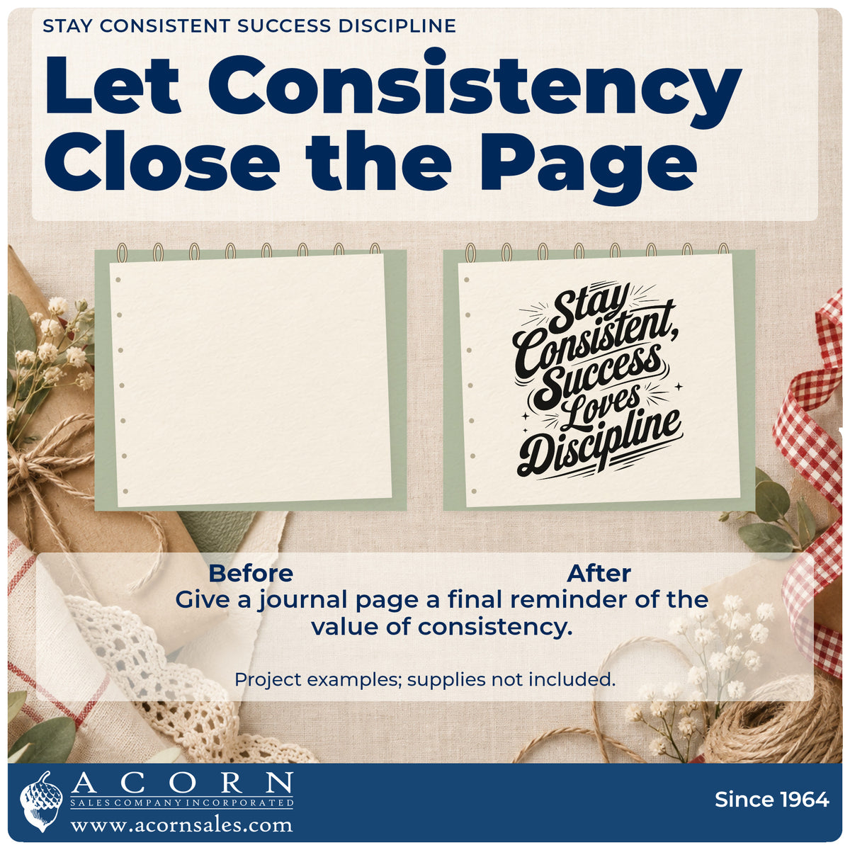 Before and after of a plain item finished with the Stay Consistent Success Loves Discipline Script Lettering Stamp – Self-Inking, a quick upgrade for framed writing desk.