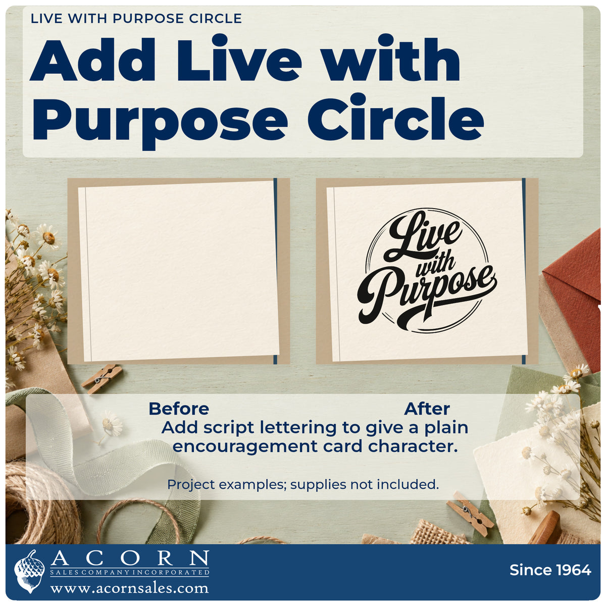Before and after of a plain item finished with the Pre-Inked Live With Purpose Stamp – PSI, a quick upgrade for framed utility wall.