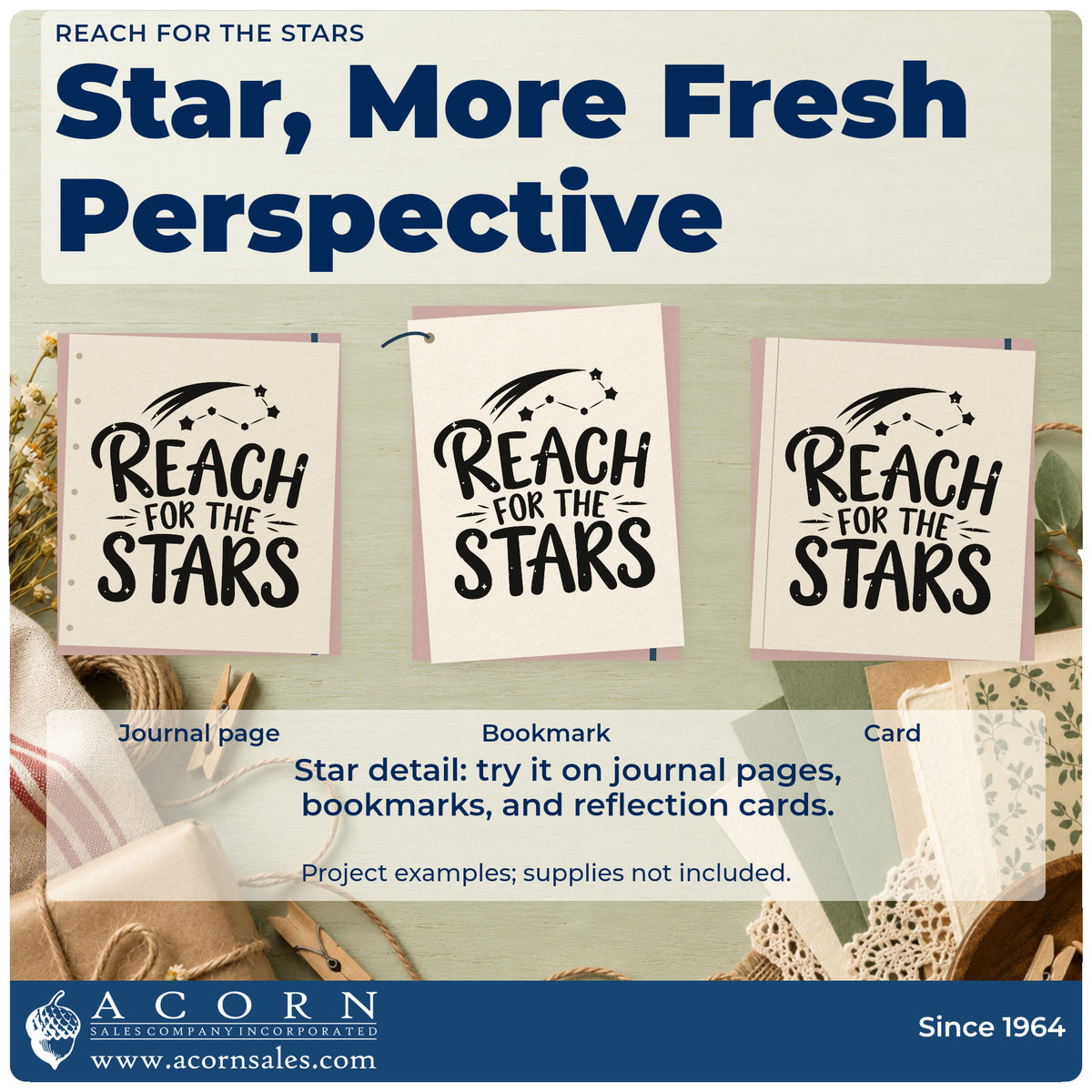Three project examples made with the Reach For The Stars Rubber Stamp – Duo Hand, including crew role sheet.