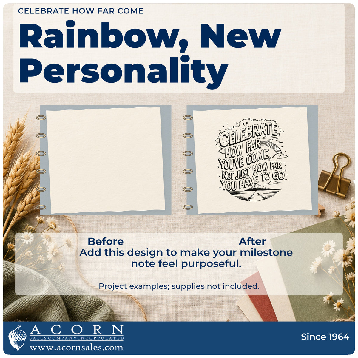 Before and after of a plain item finished with the Celebrate How Far Come Rainbow Hand Stamp – Duo, a quick upgrade for framed bedroom shelf.
