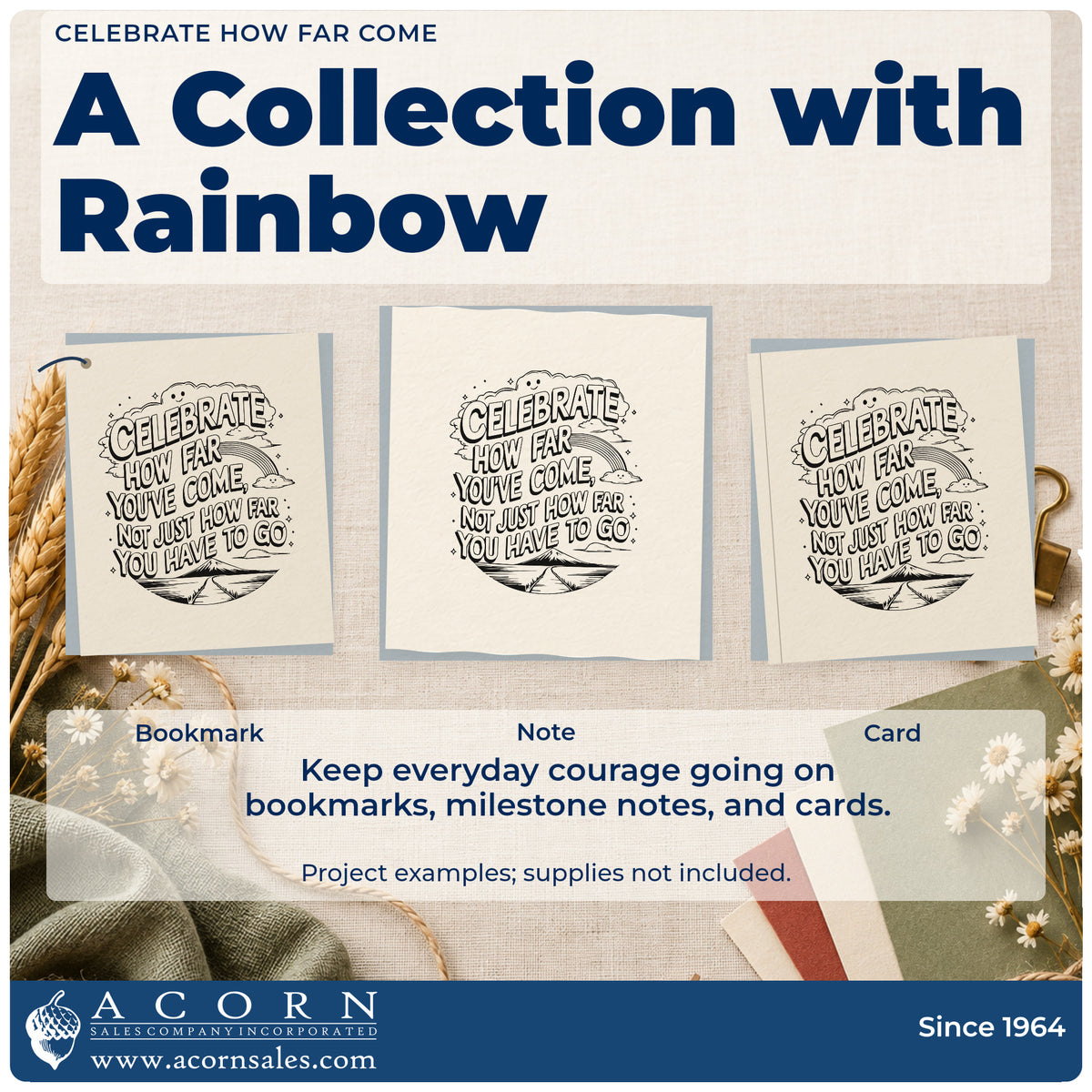 Three project examples made with the Celebrate How Far Come Rainbow Rubber Stamp – Wood Handle, including reading log sheet.