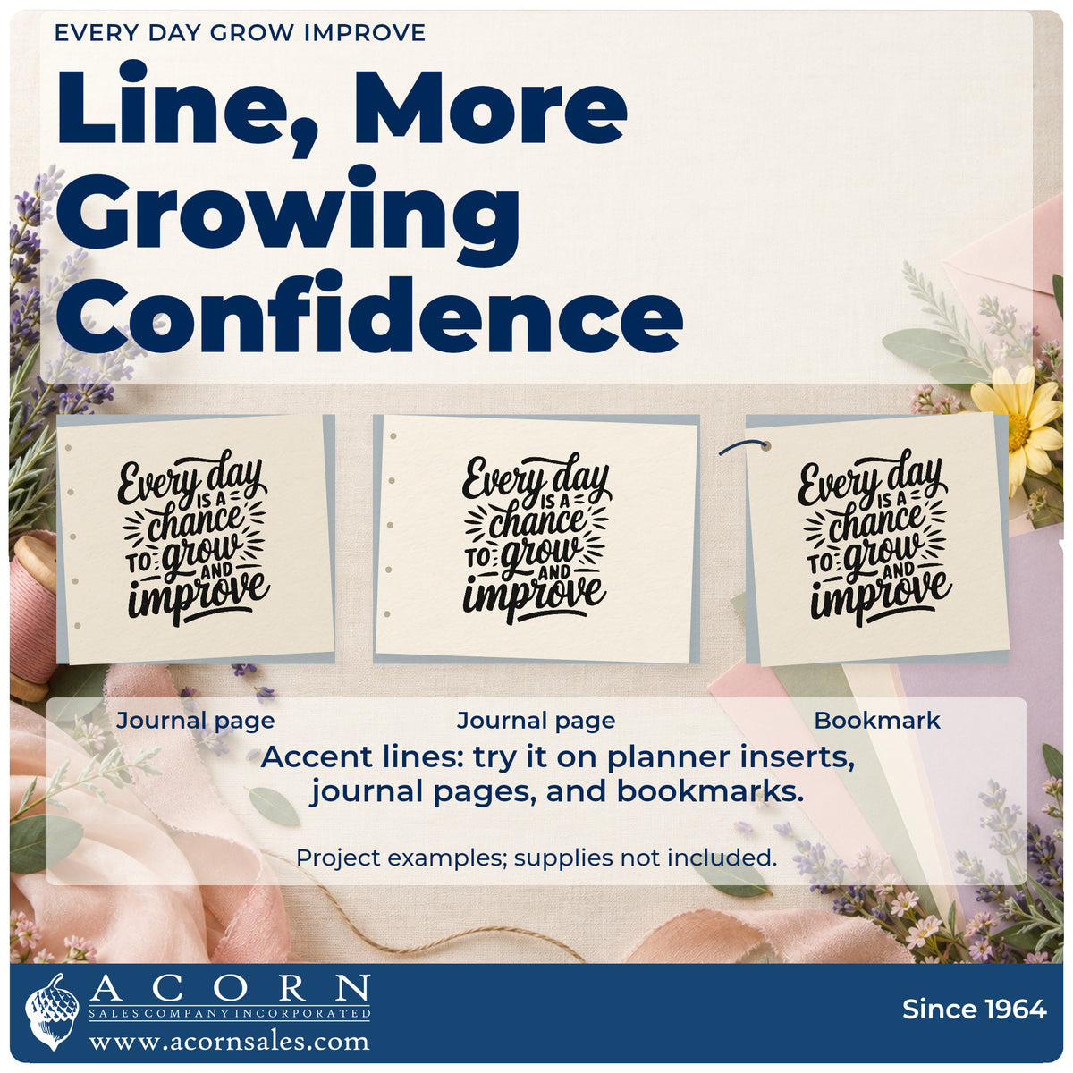Three project examples made with the Every Day Grow Improve Compact Pre-Inked Stamp – Slim, including rehearsal plan sheet.
