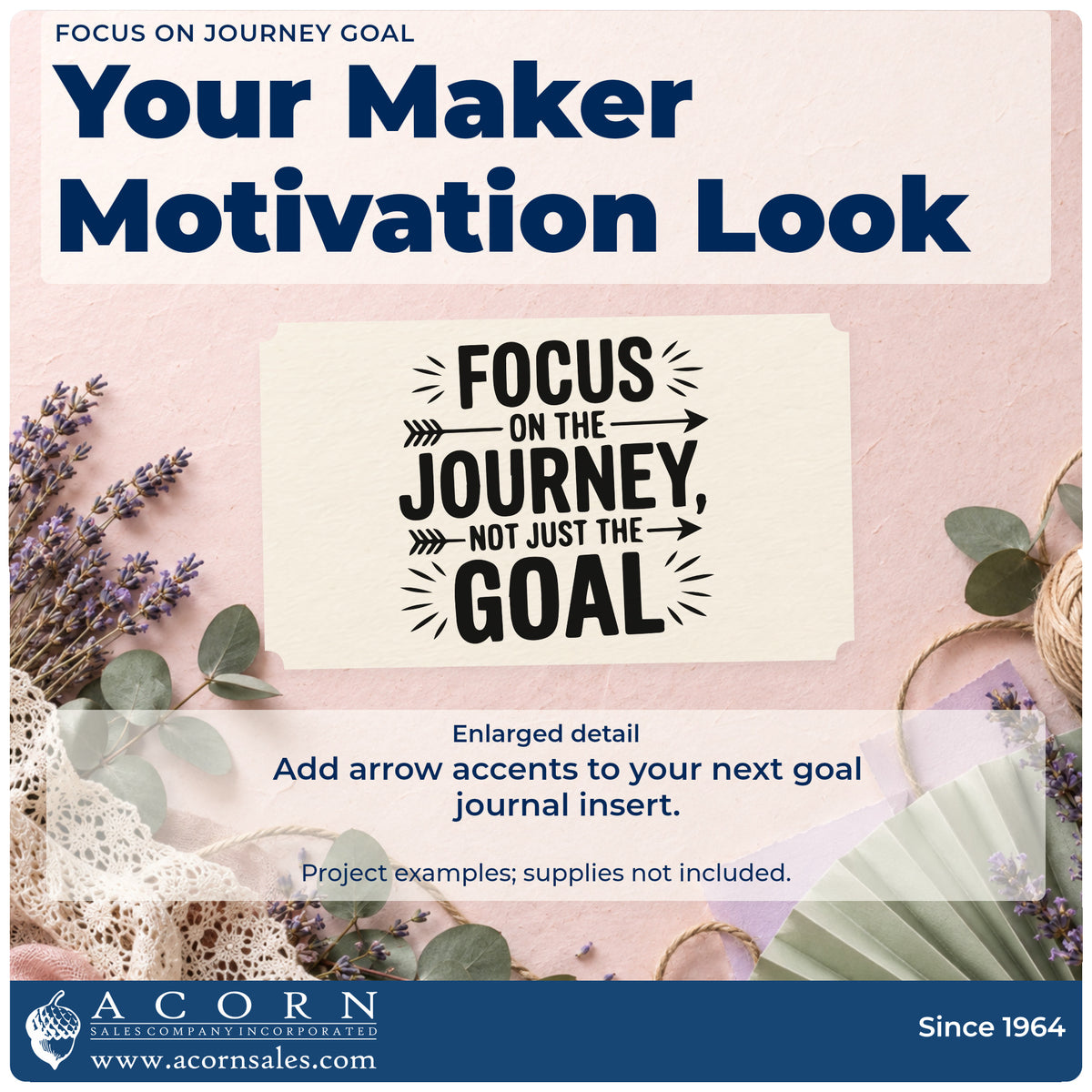 Enlarged detail of the Focus On The Journey Not Just The Goal Hand Stamp – Duo imprint. FOCUS ON THE JOURNEY NOT JUST THE GOAL appears with arrows and radiating marks.