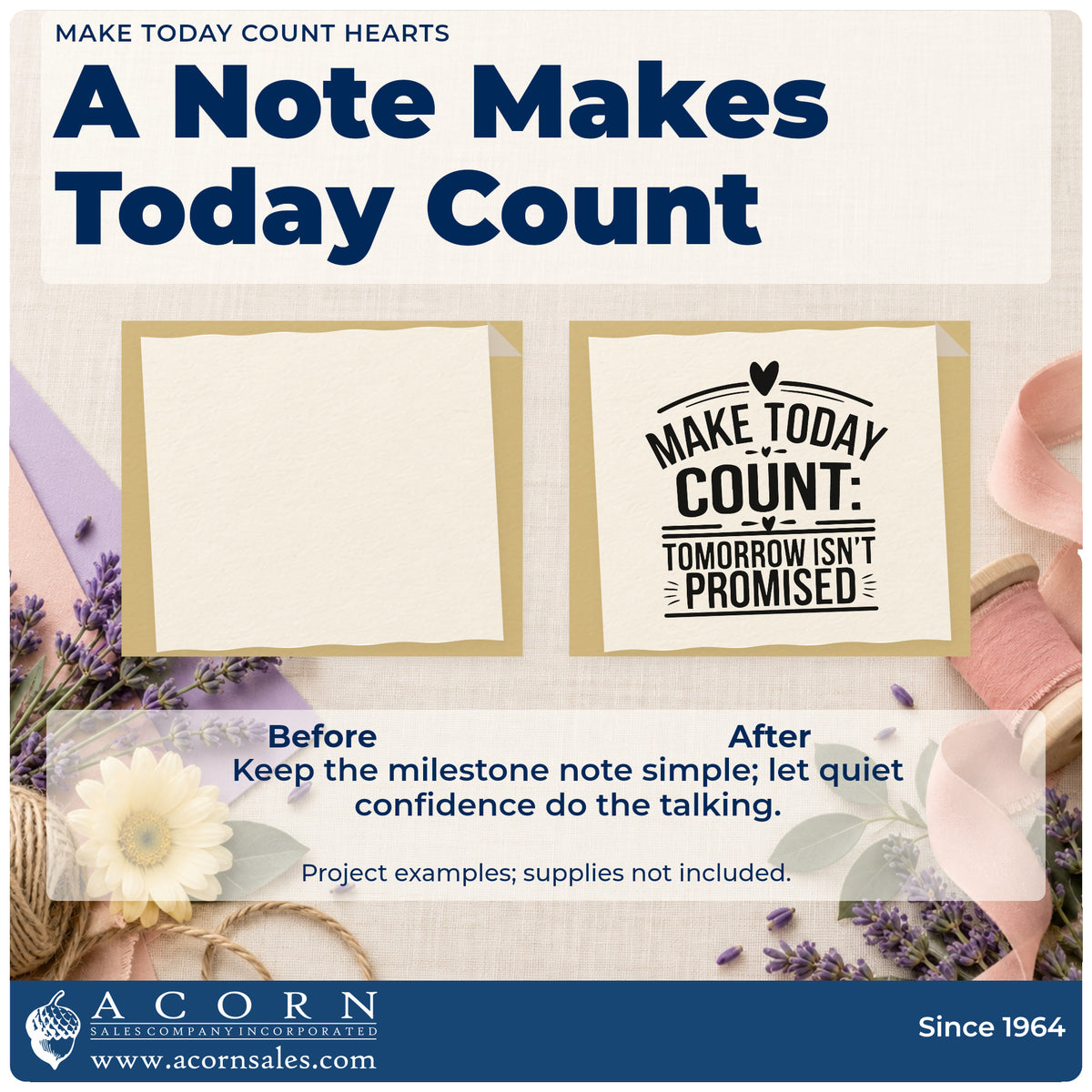 Before and after of a plain item finished with the Make Today Count Tomorrow Isn't Promised Wood-Mounted Rubber Stamp, a quick upgrade for framed kitchen calendar.
