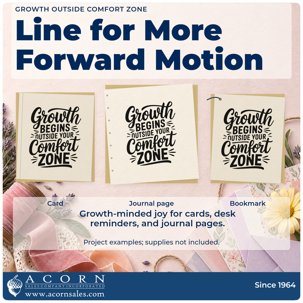 Three project examples made with the Growth Begins Outside Your Comfort Zone Pre-Inked Stamp – Slim, including step learn sheet.