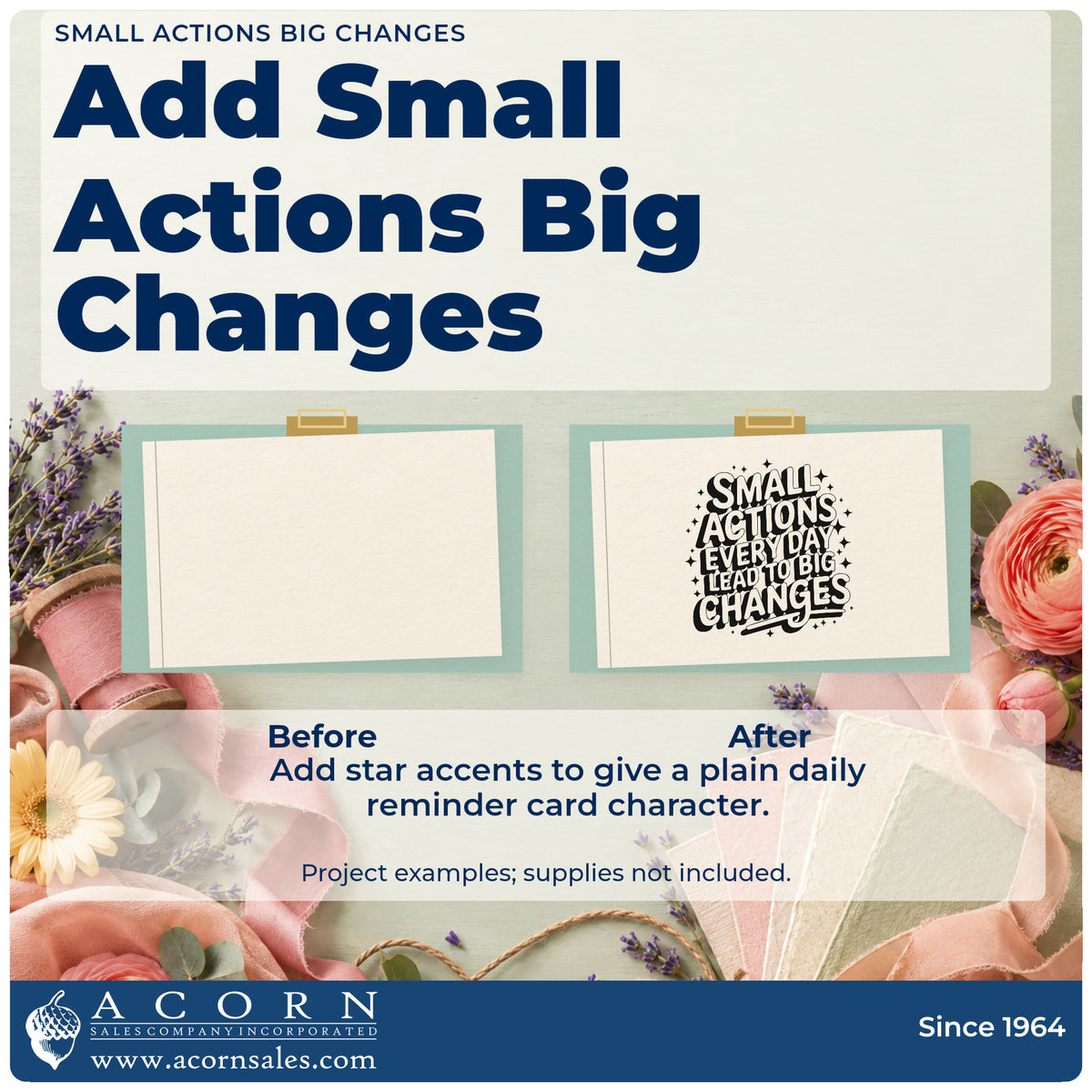 Before and after of a plain item finished with the Small Actions Every Day Lead To Big Changes Hand Stamp – Duo, a quick upgrade for framed hall wall.