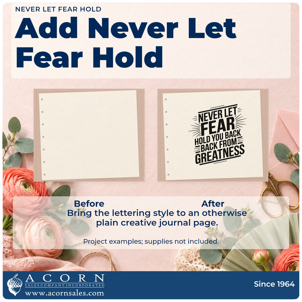 Before and after of a plain item finished with the Never Let Fear Hold You Back Block Lettering Rubber Stamp – Wood Handle, a quick upgrade for framed locker entry.