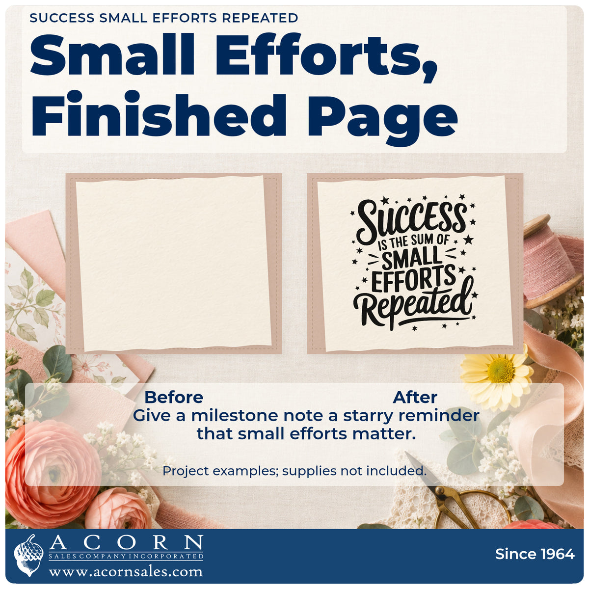 Before and after of a plain item finished with the Success Small Efforts Repeated Rubber Stamp – Duo Hand, a quick upgrade for framed shack wall.
