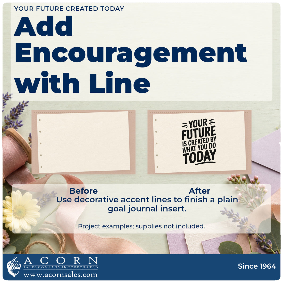 Before and after of a plain item finished with the Your Future Is Created By What You Do Today Self-Inking Stamp, a quick upgrade for framed study nook.