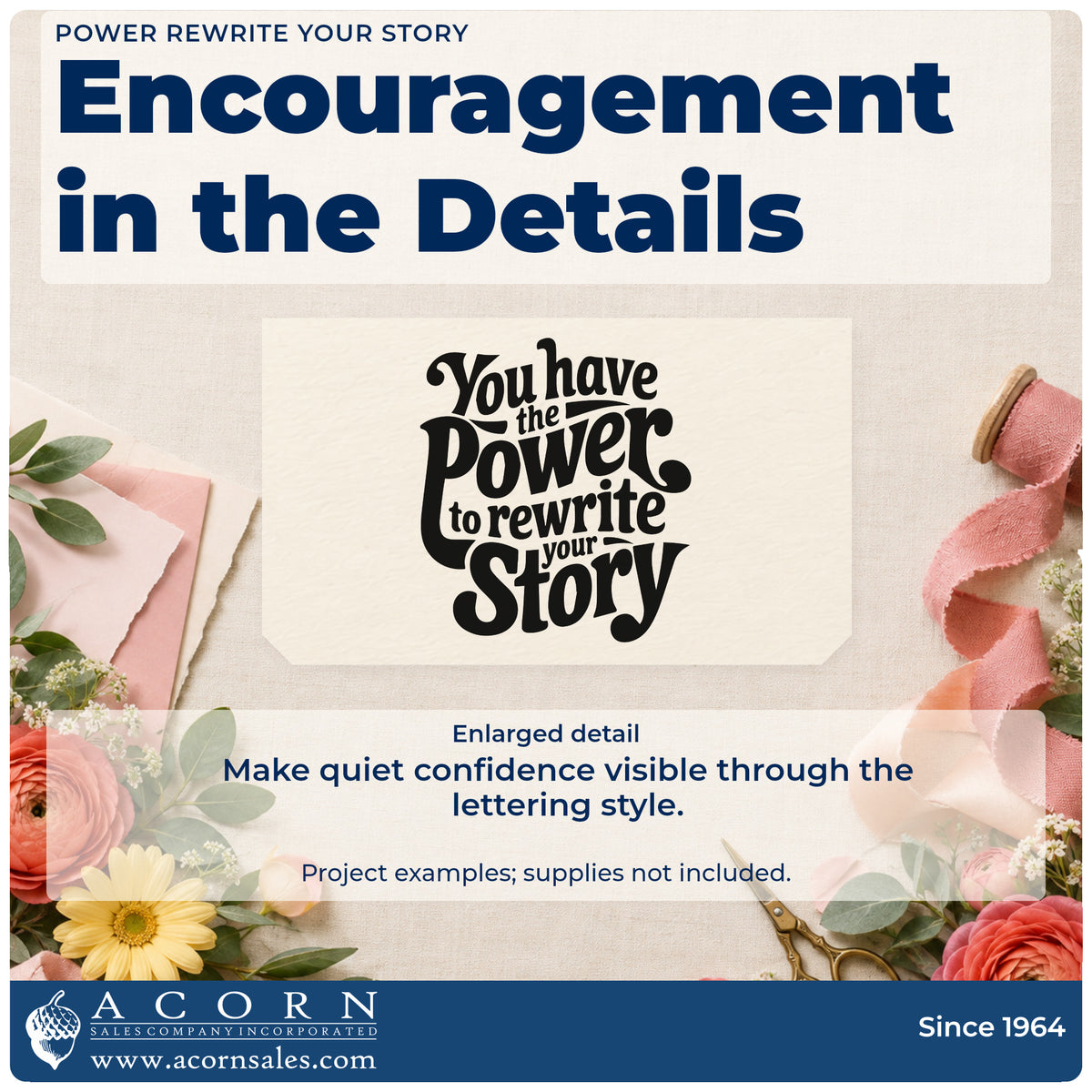 Enlarged detail of the You Have The Power To Rewrite Your Story Stamp – Premium Vintage Pro Wooden imprint. You have the Power to rewrite your Story appears in bold decorative lettering.