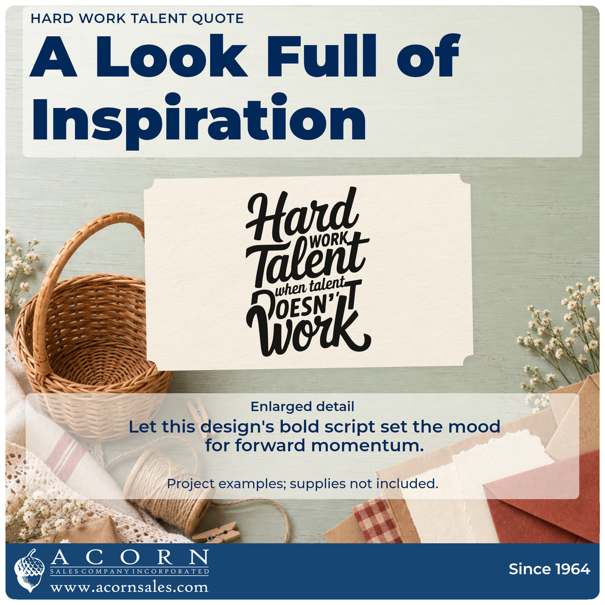 Enlarged detail of the Duo Hand Hard Work Talent Quote Rubber Stamp imprint. Hard WORK Talent when talent DOESN'T Work appears in tightly stacked bold script and capitals.
