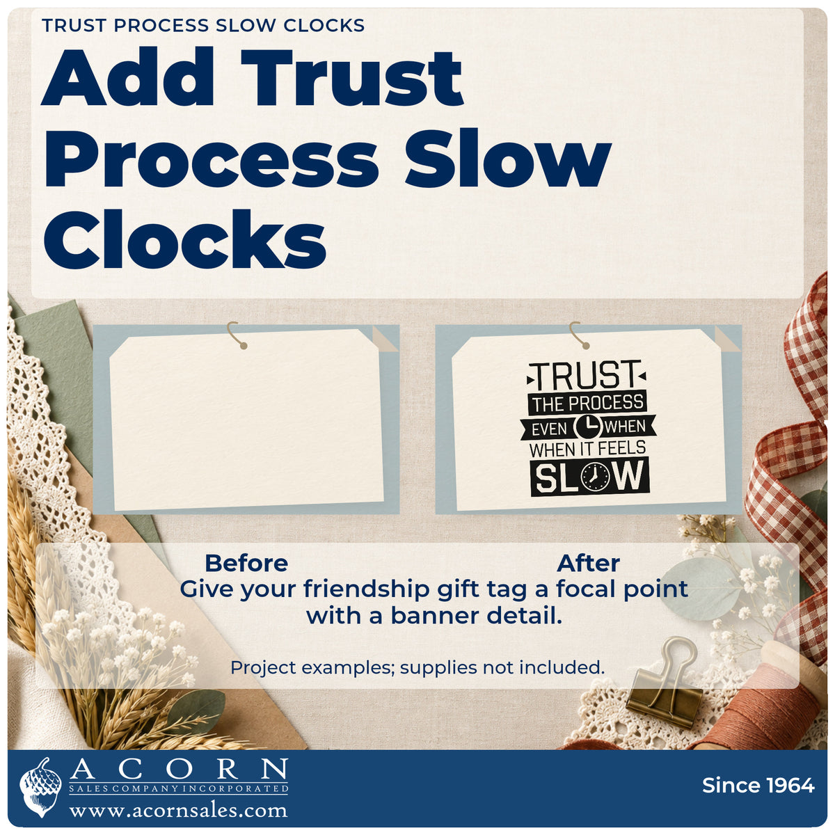 Before and after of a plain item finished with the Trust Process Slow Clocks Ribbon Lettering Rubber Stamp – Wood Handle, a quick upgrade for framed kettle corner.