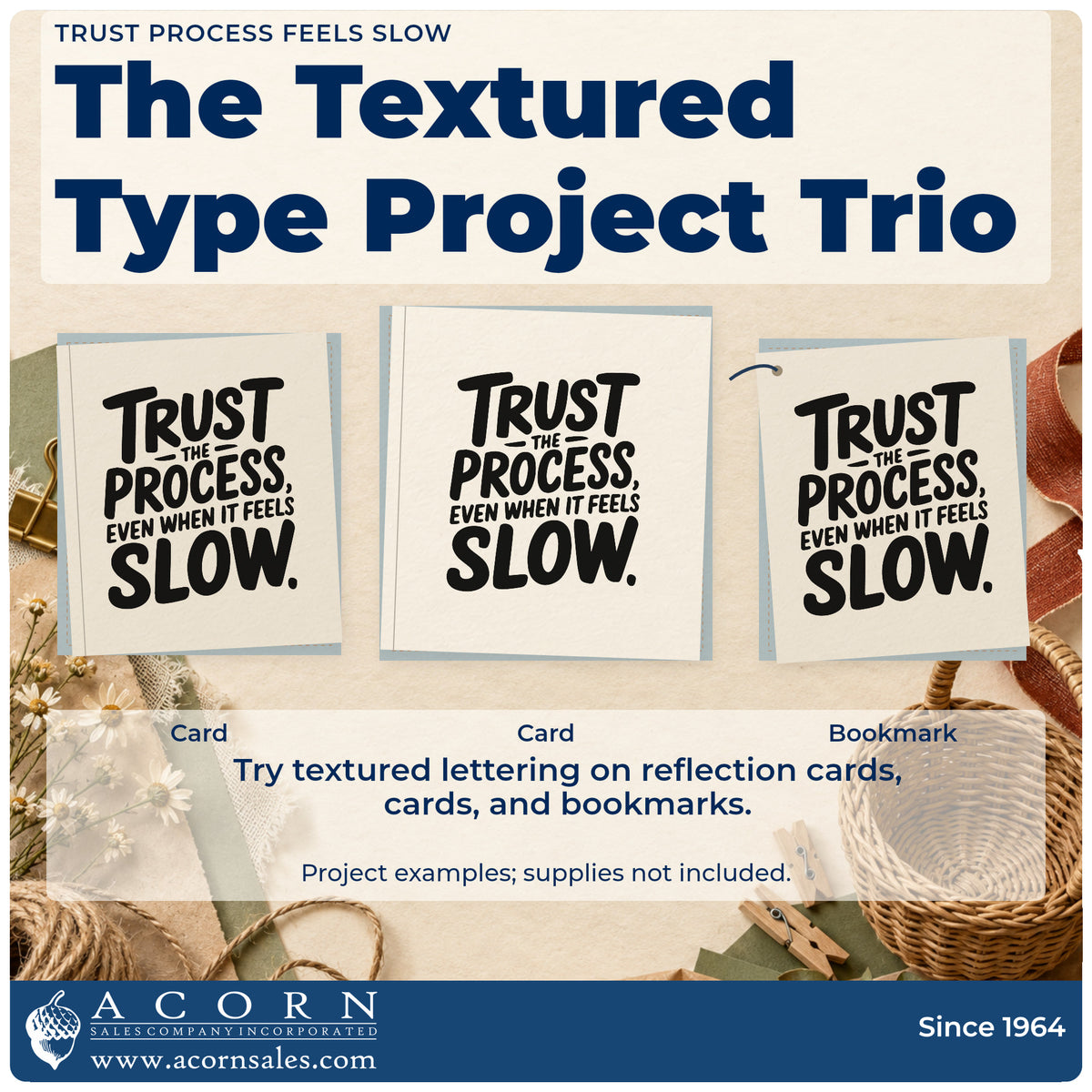 Three project examples made with the Trust Process Feels Slow Self-Inking Stamp, including turn log sheet.