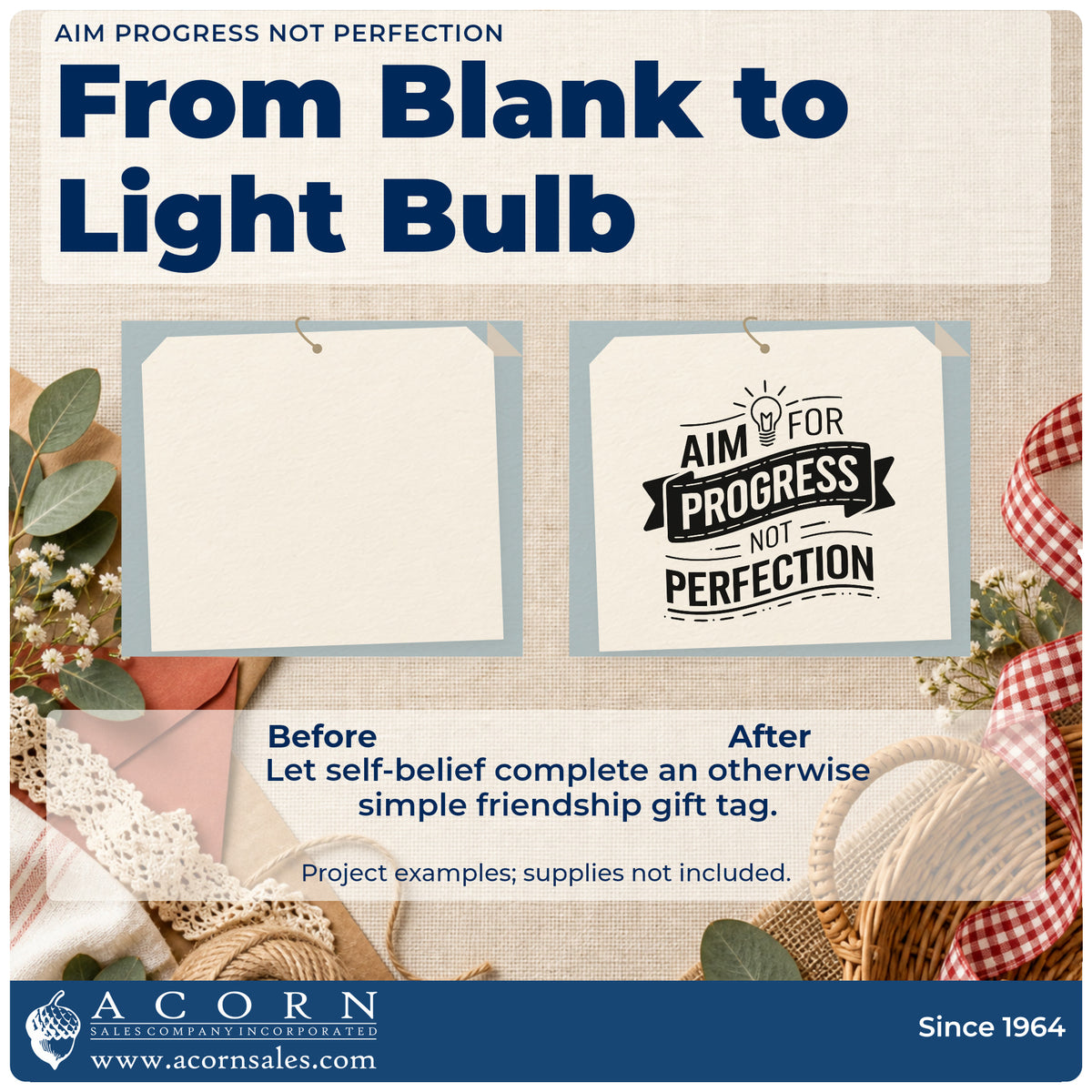 Before and after of a plain item finished with the Aim Progress Not Perfection Compact Pre-Inked Stamp – Slim, a quick upgrade for framed homework nook.
