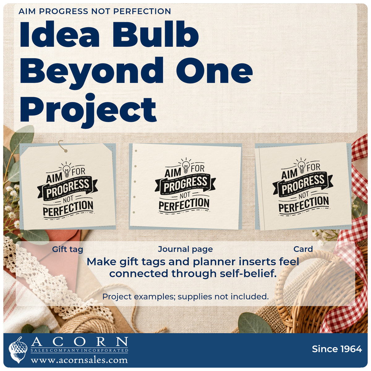 Three project examples made with the Aim Progress Not Perfection Self-Inking Stamp, including daily line sheet.
