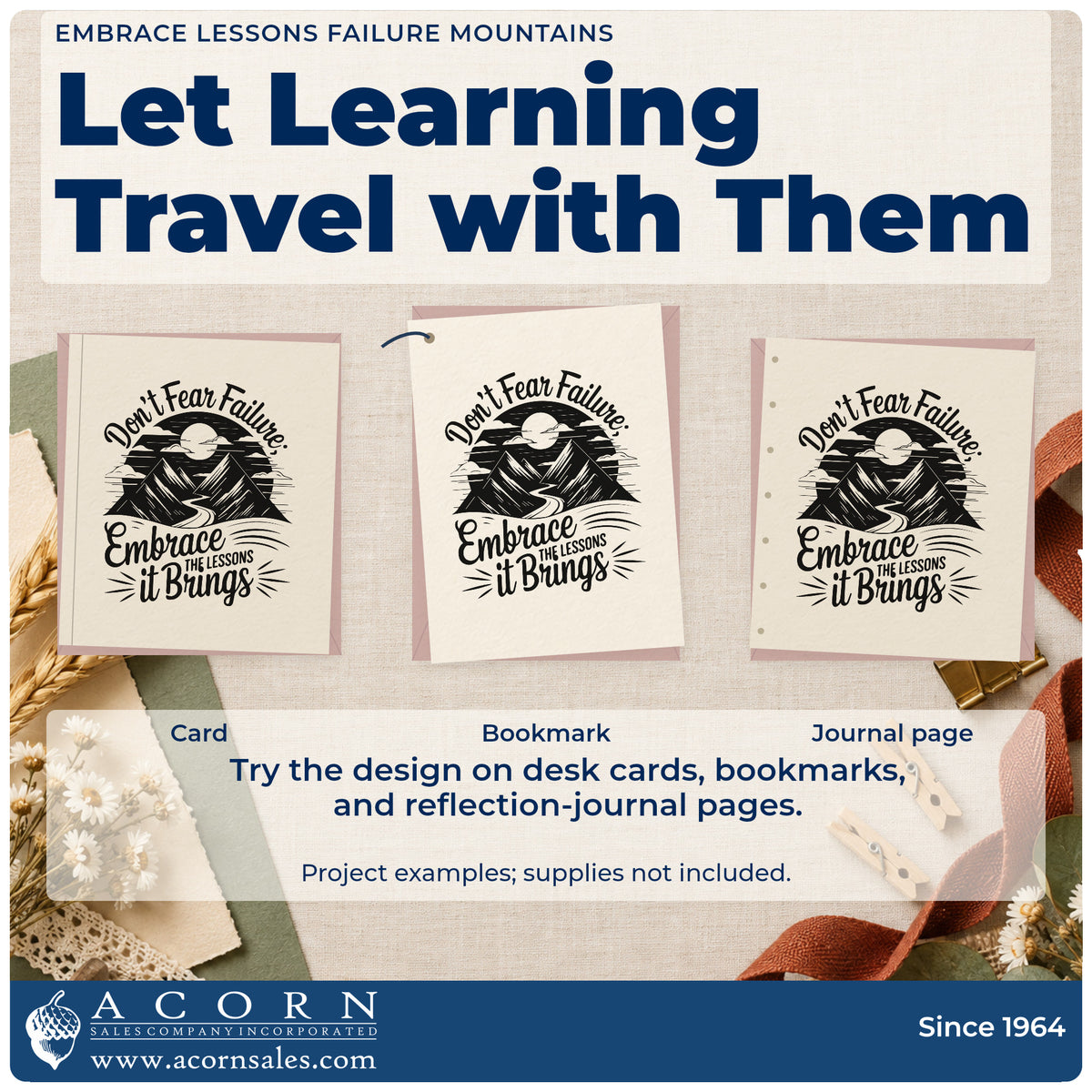 Three project examples made with the Embrace Lessons Failure Mountains Self-Inking Craft Stamp, including round score sheet.