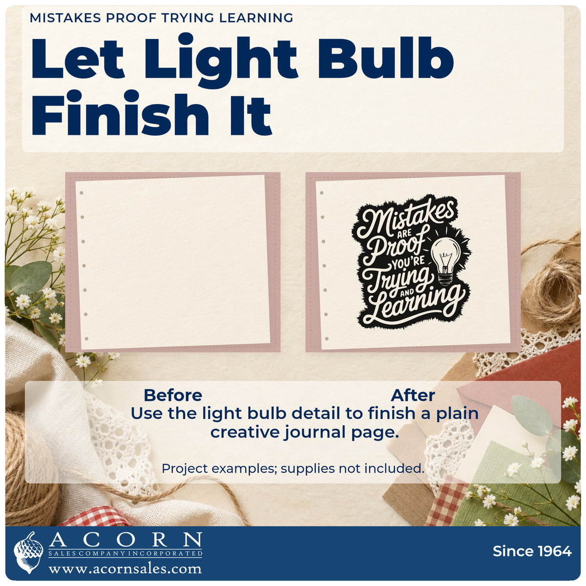 Before and after of a plain item finished with the Self-Inking Mistakes Are Proof You're Trying And Learning Stamp, a quick upgrade for framed homework corner.