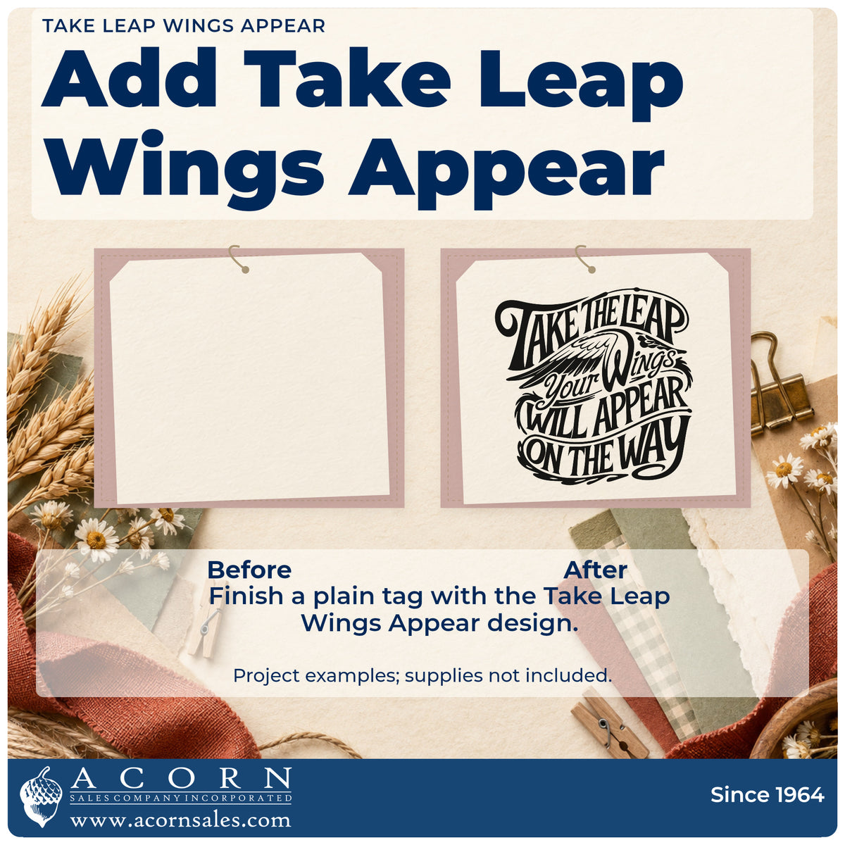 Before and after of a plain item finished with the Wood Handle Take The Leap Your Wings Will Appear On The Way Rubber Stamp, a quick upgrade for framed studio door.