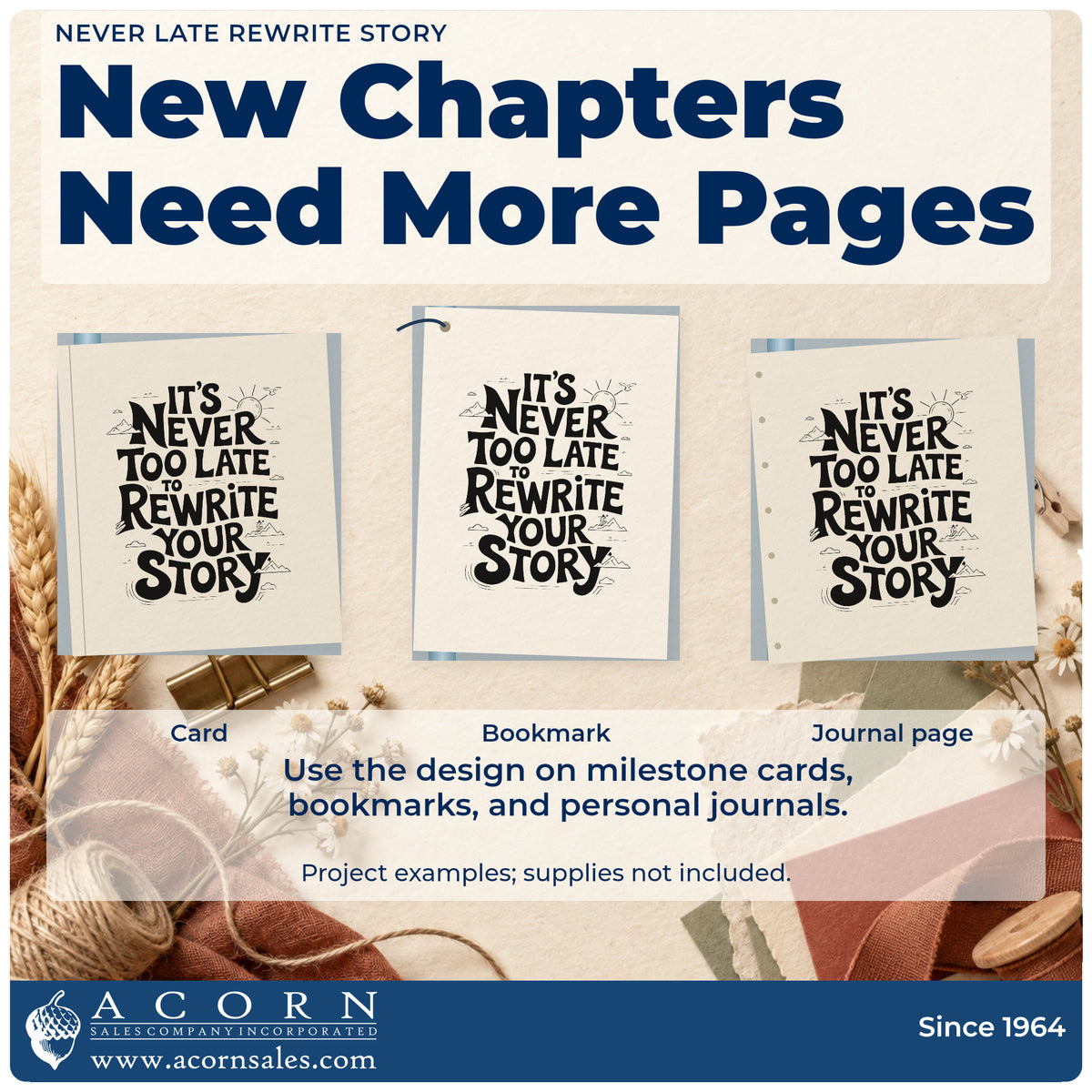Three project examples made with the Never Late Rewrite Story Self-Inking Stamp, including class book sheet.