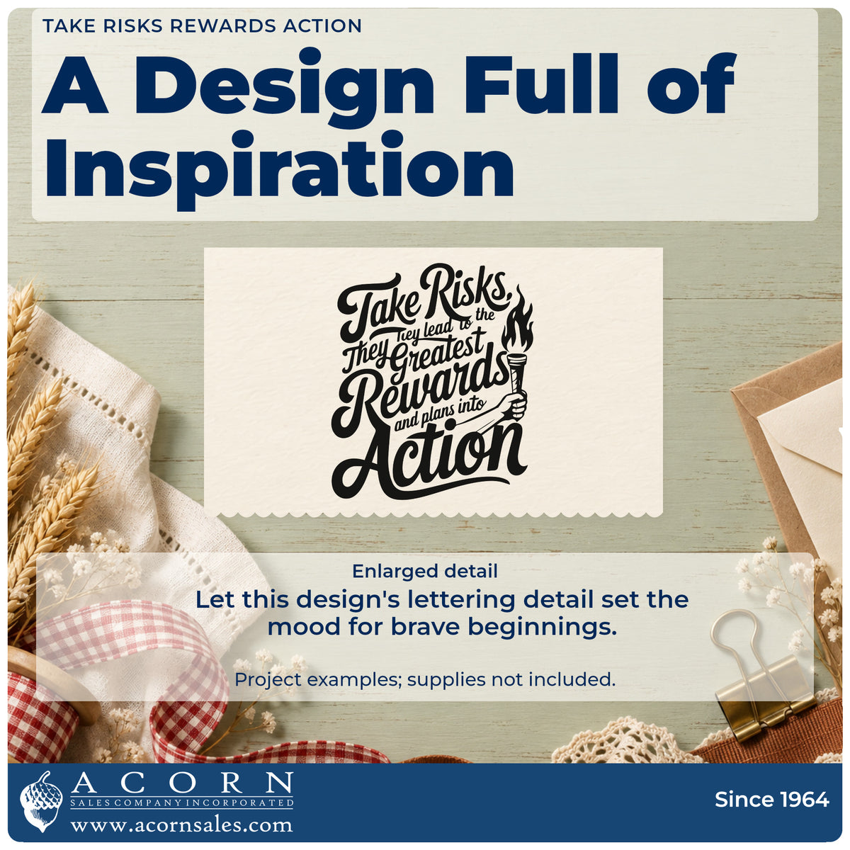 Enlarged detail of the Take Risks Torch Lettering Stamp – Slim Pre-Inked imprint. A hand holding a torch accompanies Take Risks, Greatest Rewards, and Action lettering with malformed smaller connecting text and and plans into above Action.