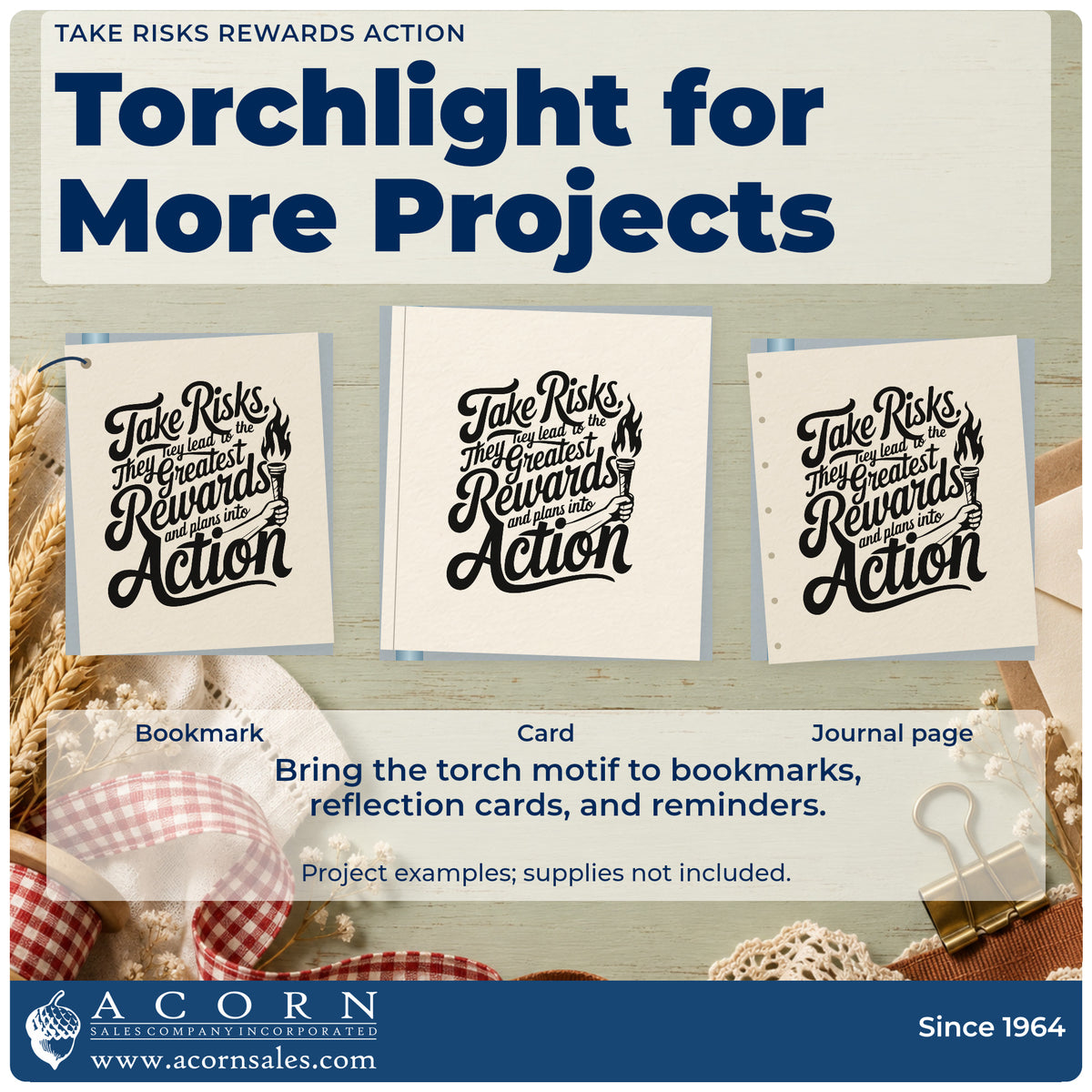 Three project examples made with the Take Risks Torch Lettering PSI Pre-Inked Stamp, including leg assign sheet.