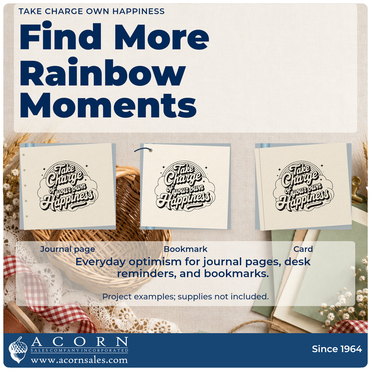 Three project examples made with the Take Charge Own Happiness Pre-Inked Stamp – PSI, including room setup sheet.