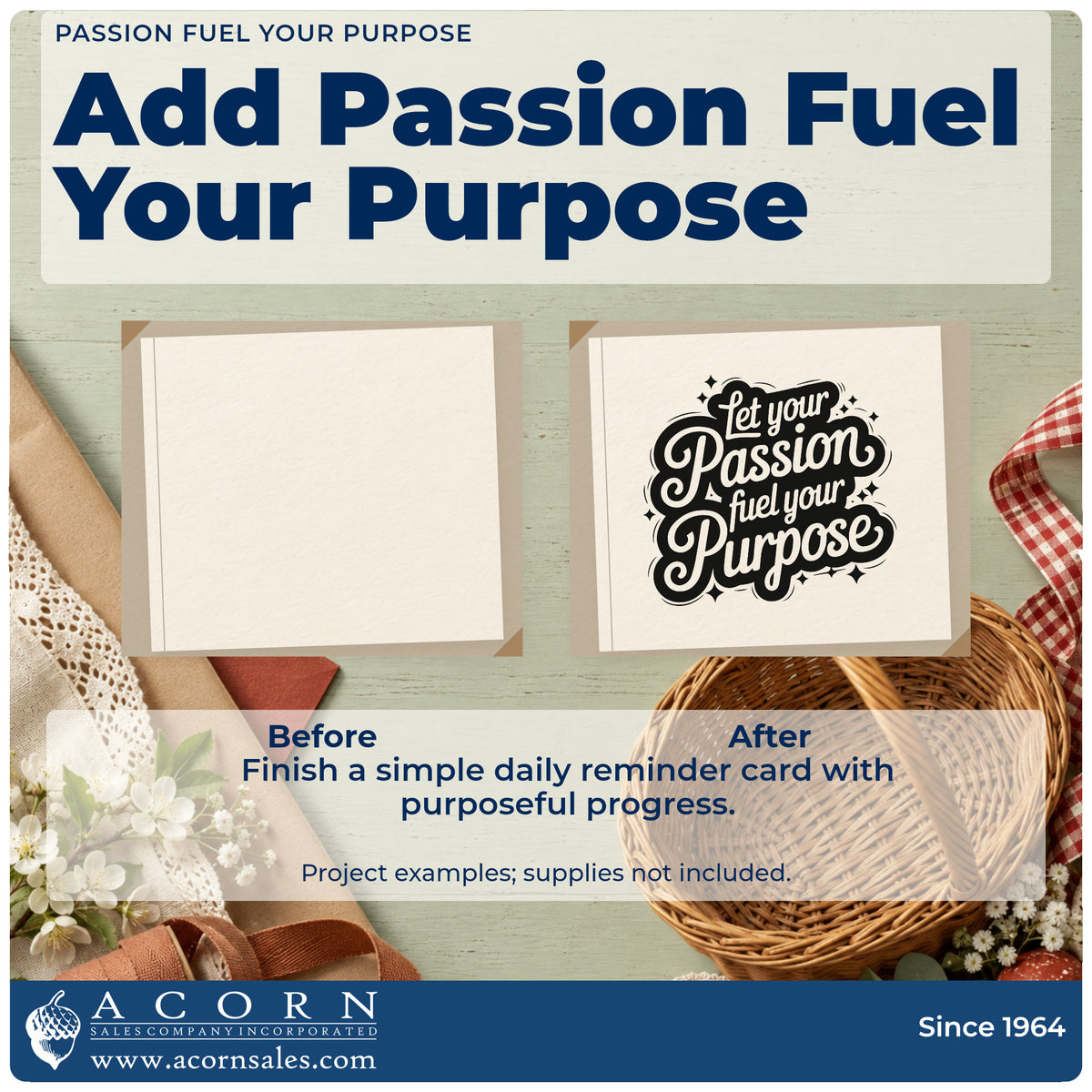 Before and after of a plain item finished with the Let Your Passion Fuel Your Purpose Rubber Stamp – Wood Handle, a quick upgrade for framed day room.